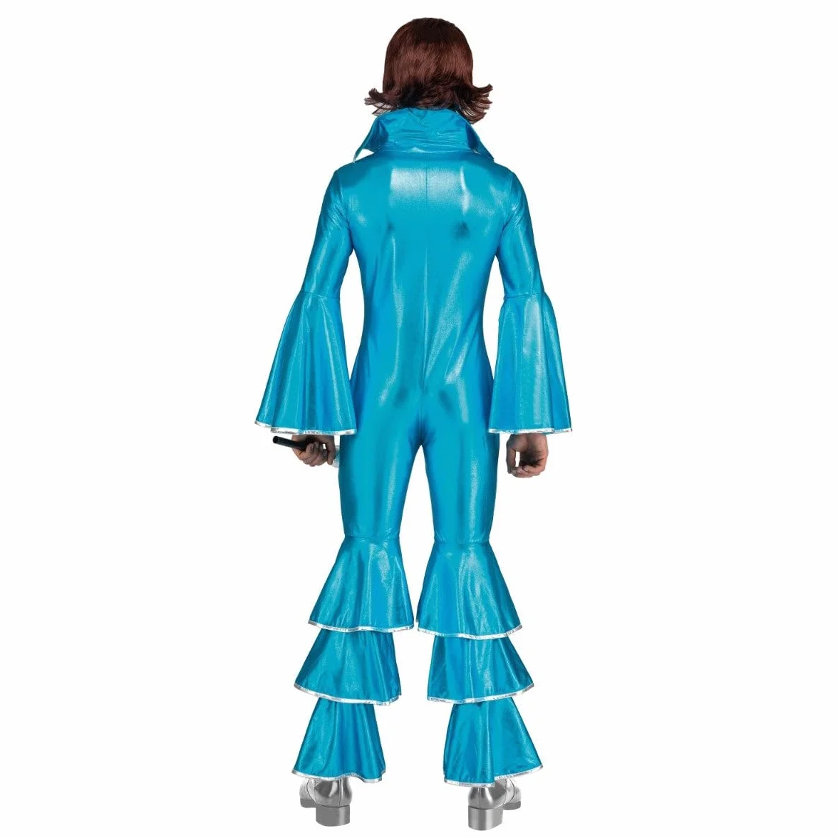 My Other Me Disfraz Disco Hombre Mono Azul Brillante Mangas Pantalones Acampanados Volantes Plateado