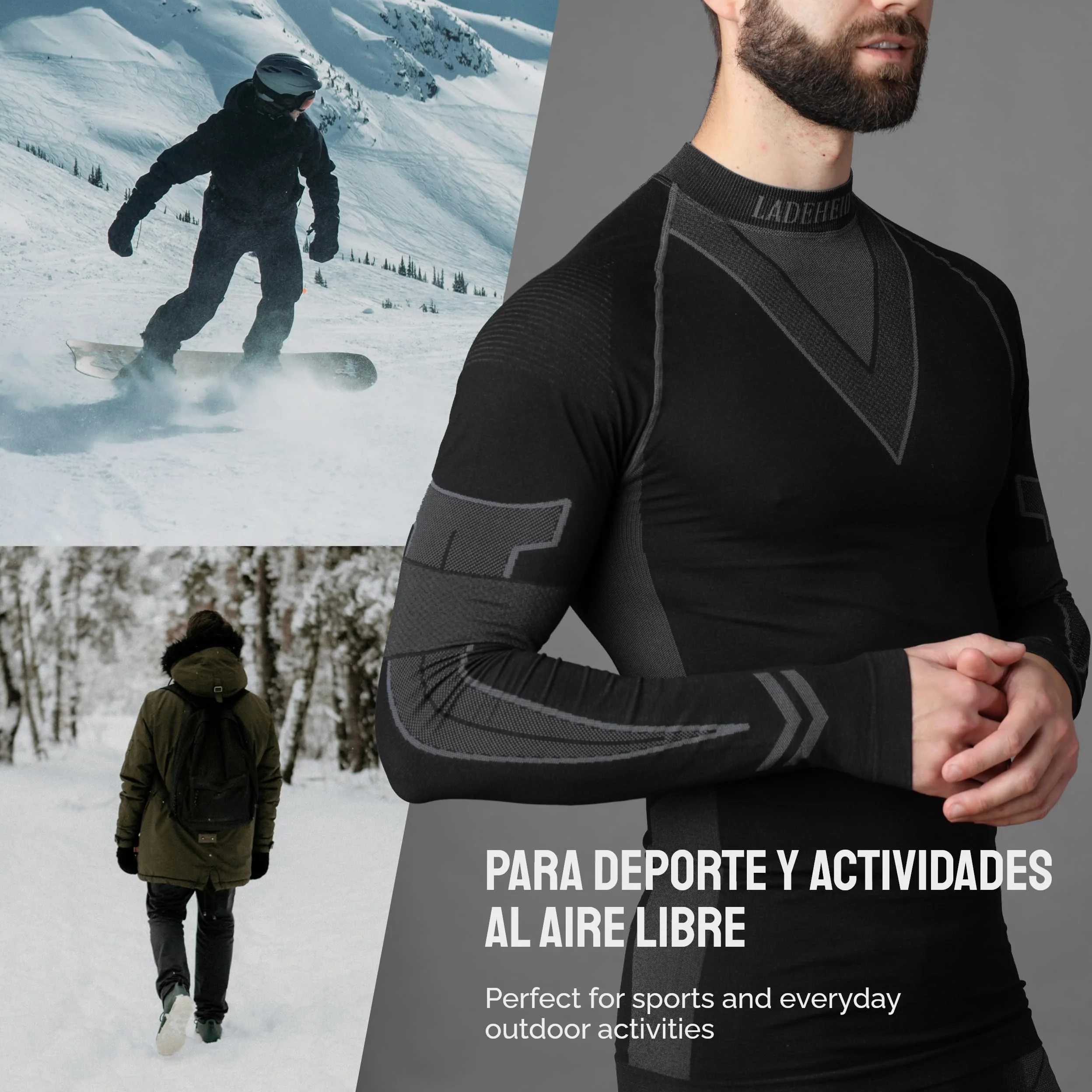 Ladeheid Conjunto Térmico Hombre – Ropa Interior Térmica con Camiseta Manga Larga y Pantalón Termico Hombre Running – Transpirable, Secado Rápido, para Deporte y Frio LAGI003