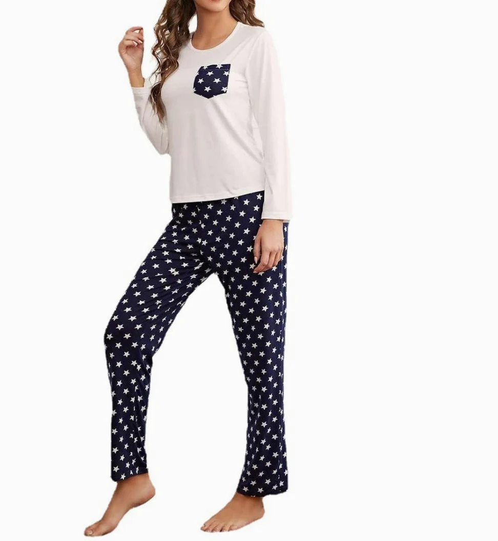 Pijamas Para Mujer Conjunto De Pijama De Poliéster Con Estampado De Estrellas Gris Oscuro Y Cuello Redondo Conjunto De Pijama De Manga Larga Cómodo Para Mujer Conjunto De Dos Piezas Regalo De Fest