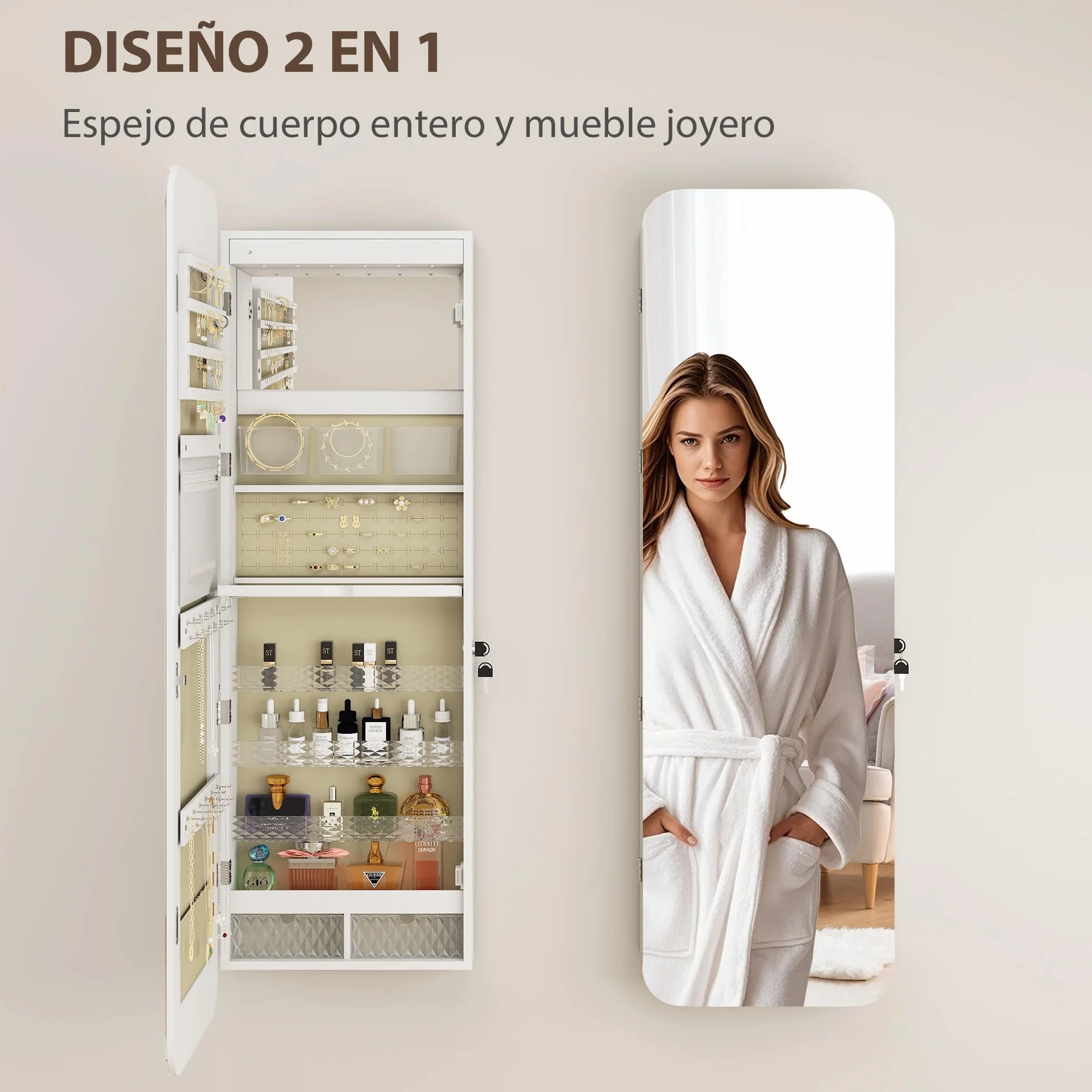 HOMCOM Espejo Joyero con Luz LED, Armario Joyero Montado en la Pared o en la Puerta, Armario para Joyas con Cerradura, Espejo Entero sin Marco, 2 Cajones, para Regalo, 37x10x120 cm, Blanco