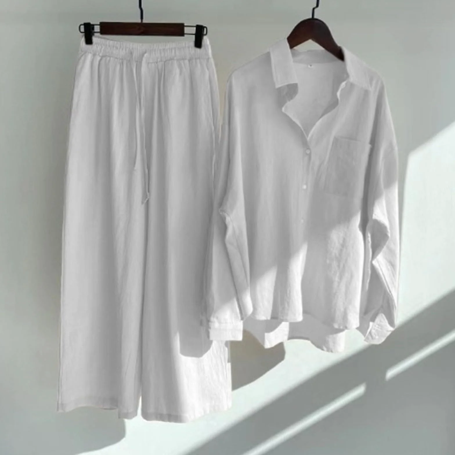 Traje de lino para mujer de verano, traje de verano para mujer, ligero, elegante, traje de ocio, moderno, algodón, 2 piezas, conjunto deportivo de dos piezas con pantalones, conjunto de muselina