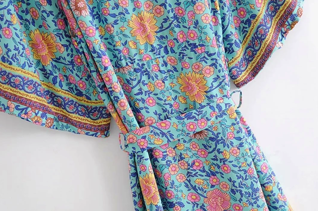 Disimlarl Bata kimono bohemio con estampado floral para mujer, manga de murciélago, para playa, fajas de rayón, verano, bikini, para ropa de playa