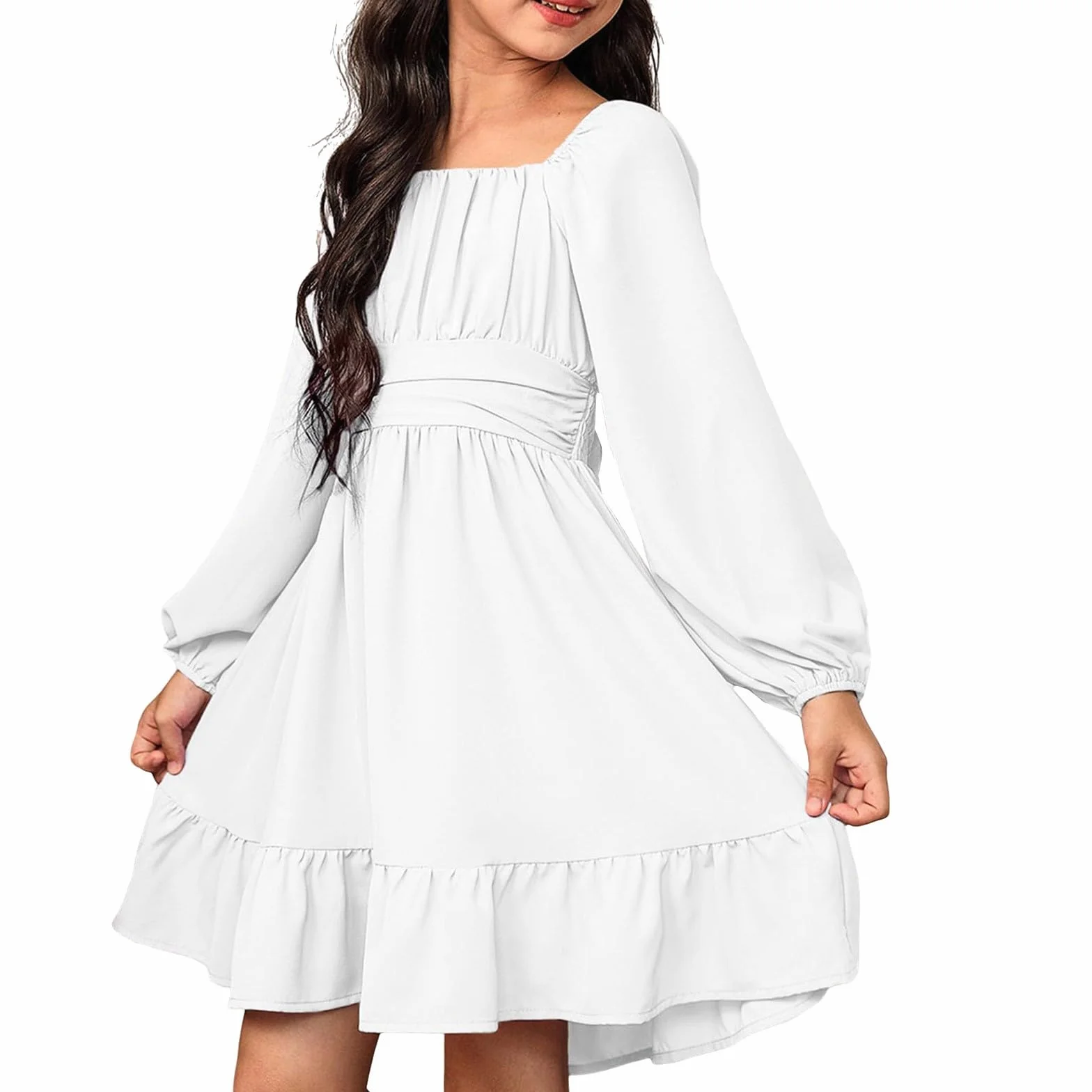 Vestido para niñas, cuello cuadrado, manga larga, acampanado, para verano, casual, cintura alta, plisado, con volantes, playa, vacaciones, boda