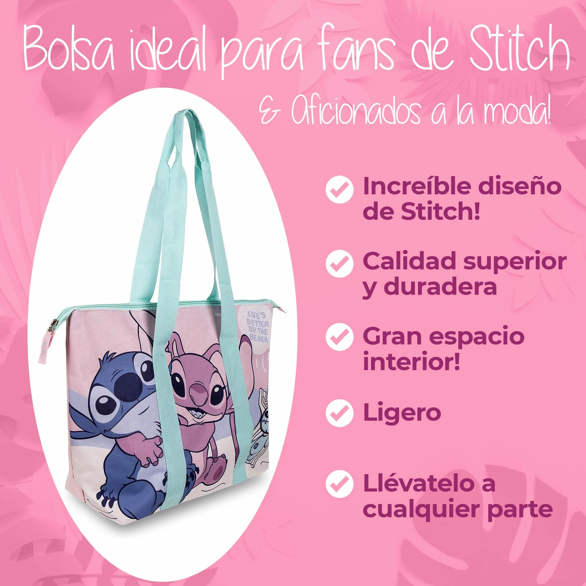 Bolso Stitch & Angel Niña – Bolsa Grande con Cremallera – Ligera y Espaciosa – Para Colegio, Piscina, Playa y Viajes