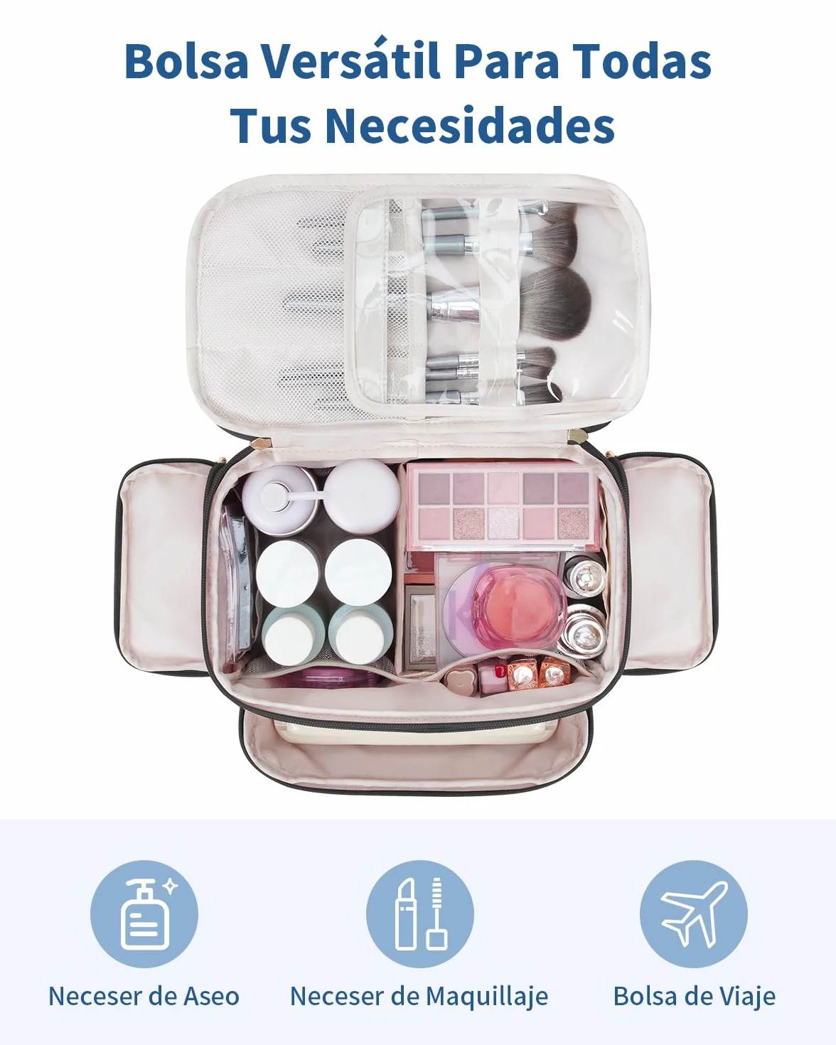 WANDF Neceser de Viaje Grande, Bolso de Maquillaje de Apertura Amplia con Asa, Bolso Cosmético Hinchado para Toallas, Cosméticos, Accesorios y Elementos Esenciales para Mujeres