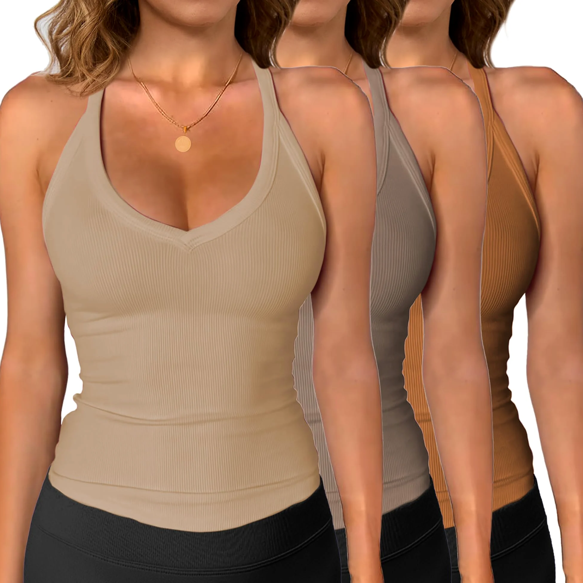 iGENJUN Paquete de 3 camisetas de entrenamiento para mujer, espalda cruzada, básicas, sin mangas, cuello en V, ajustadas, acanaladas, sin mangas, para verano 2025