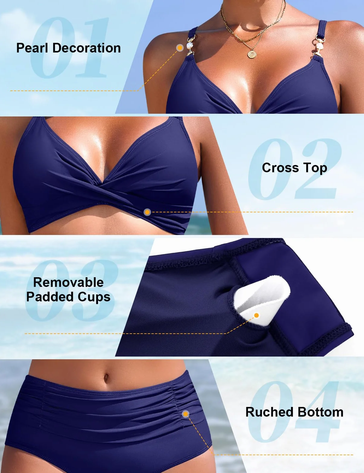 Nadeer Traje de Baño Mujer Top Cruzado Cuello en V Dos Piezas con Perlas Sexy Bikini Control Vientre Cintura Alta Bañador Playa