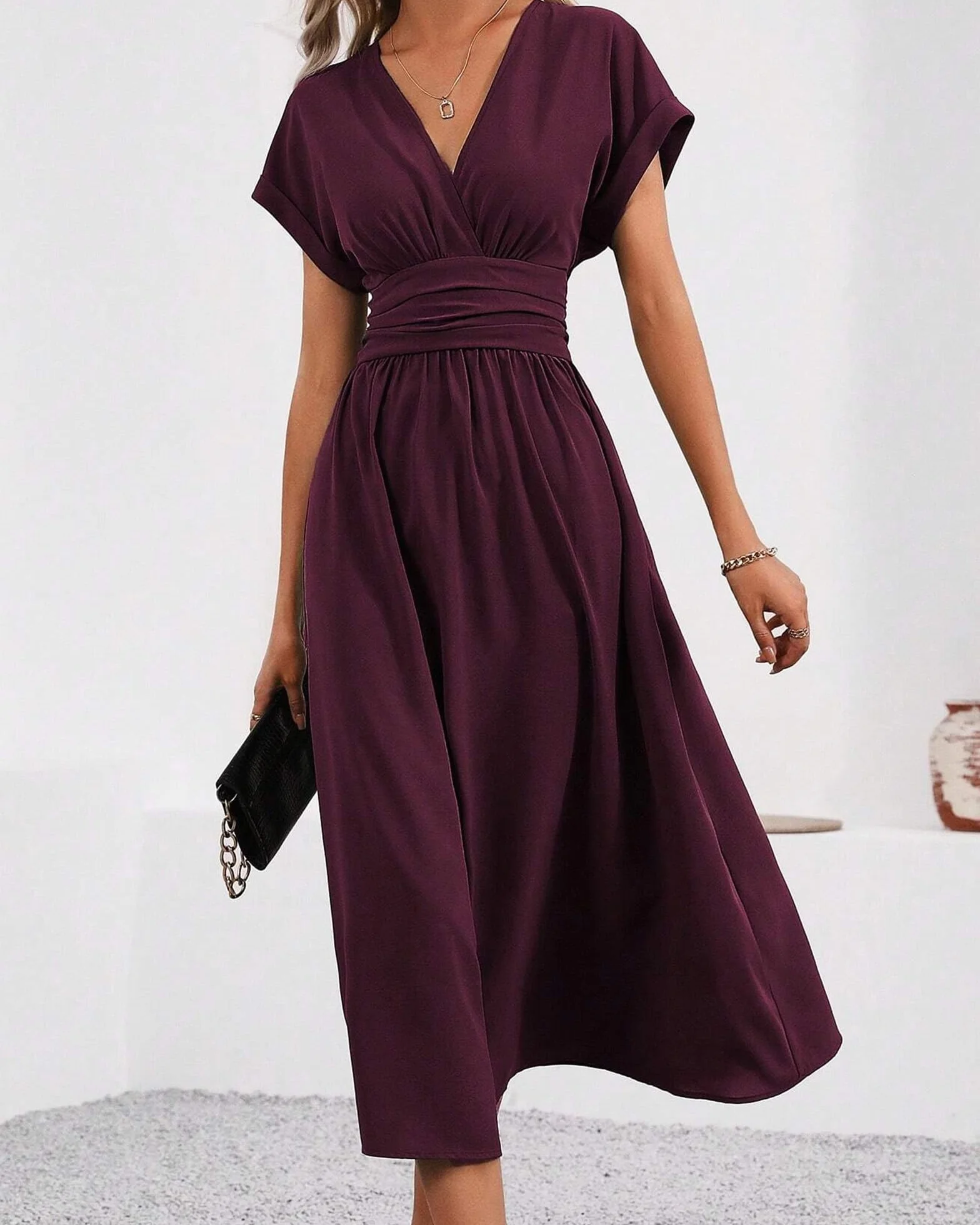 Vestido Largo Elegante Mujer Verano Cuello en V Manga Corta Casual Elástico