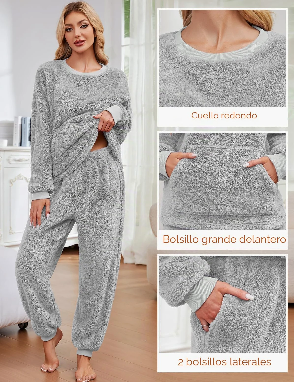 UMIPUBO Pijama Mujer Invierno de Forro Polar Conjunto Super Suave Cálida Largos Pijamas Dos Piezas Dormir Ropa Manga Larga Casa Calentito Pullover y Fleece Pantalones con Bolsillo