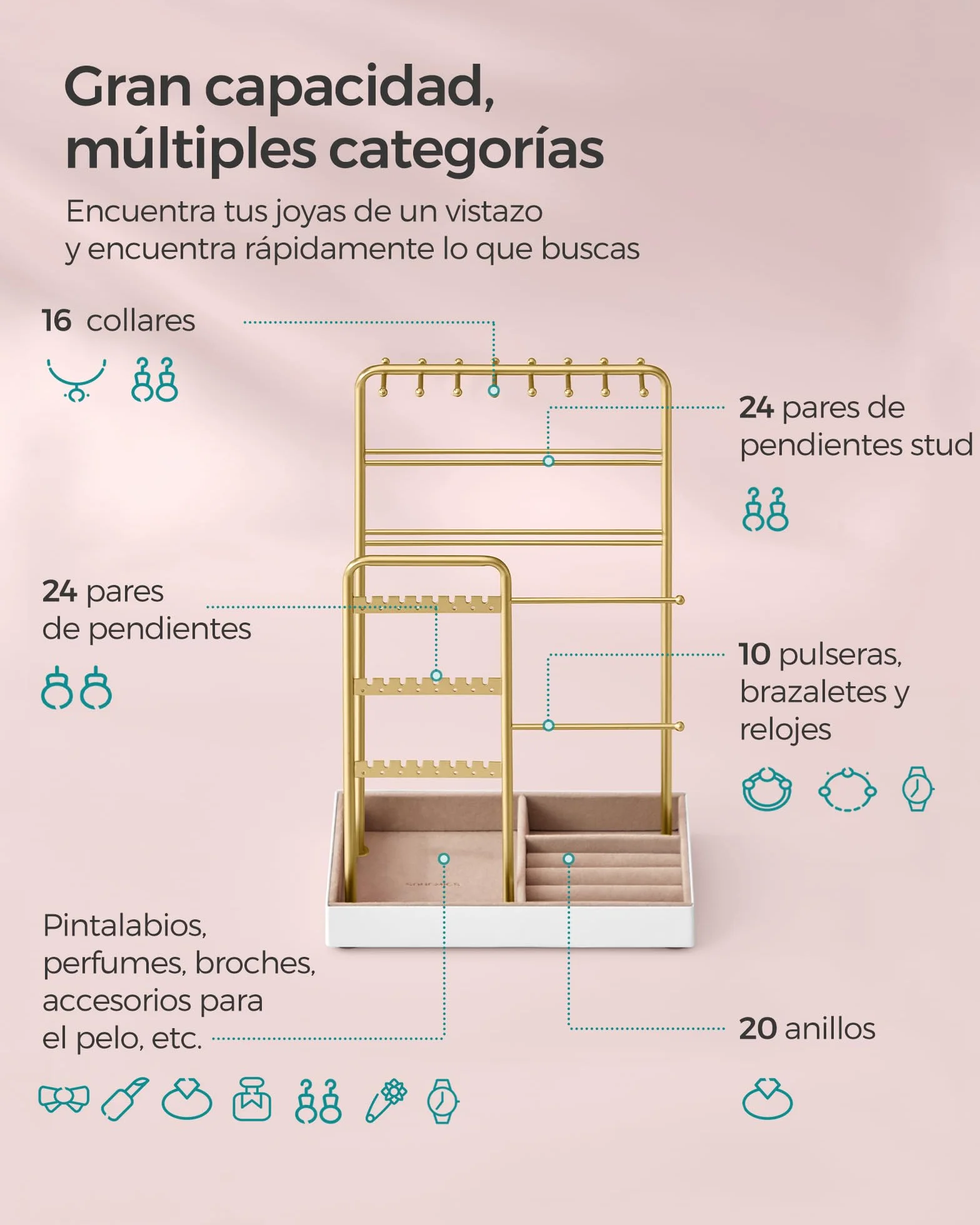 SONGMICS Soporte para Joyas, Organizador de Joyas, Marco de Metal Bandeja de Terciopelo Dorado