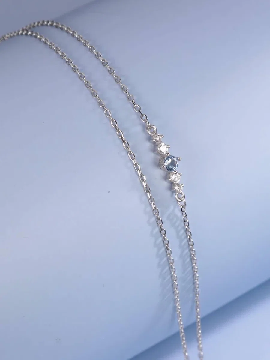 Pulsera Mujer Oro Blanco 9Kilates / 14Kilates / 18Kilates, Cadena Doble Capa con Zafiro Creado de 0,25 ct, Cadena Extensible 16 CM + 5 CM, Pulseras de Mujer de Plata Azul