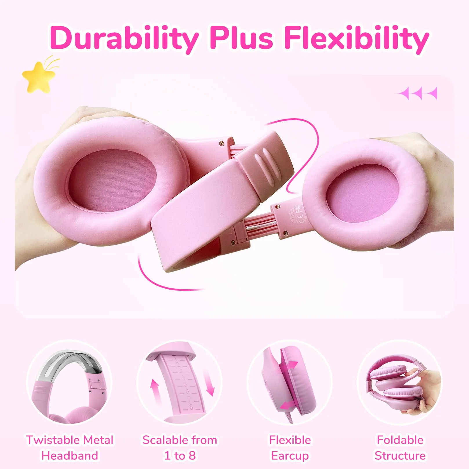 EarFun Auriculares para Niños con Micrófono, Cascos Infantiles con Cable Jack 3,5 mm, Volumen Limitado 85/94 dB, Sonido Estéreo HD, Diadema Plegable para Pad, Tabletas, La Escuela, Rosa