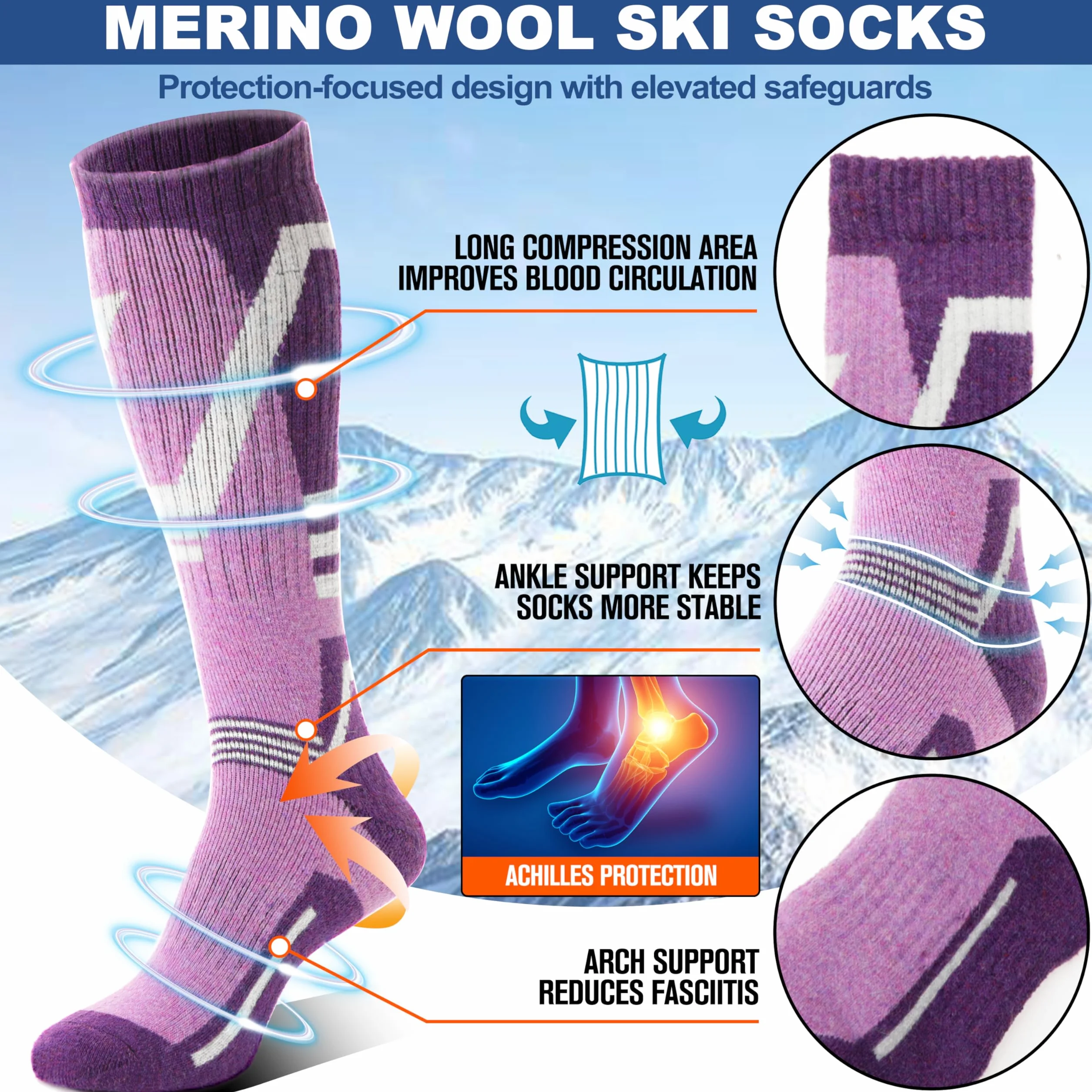 Sandsuced 3 pares Calcetines de esquí de lana merino de esquí de rodilla alta de invierno cálido térmico para mujeres hombres
