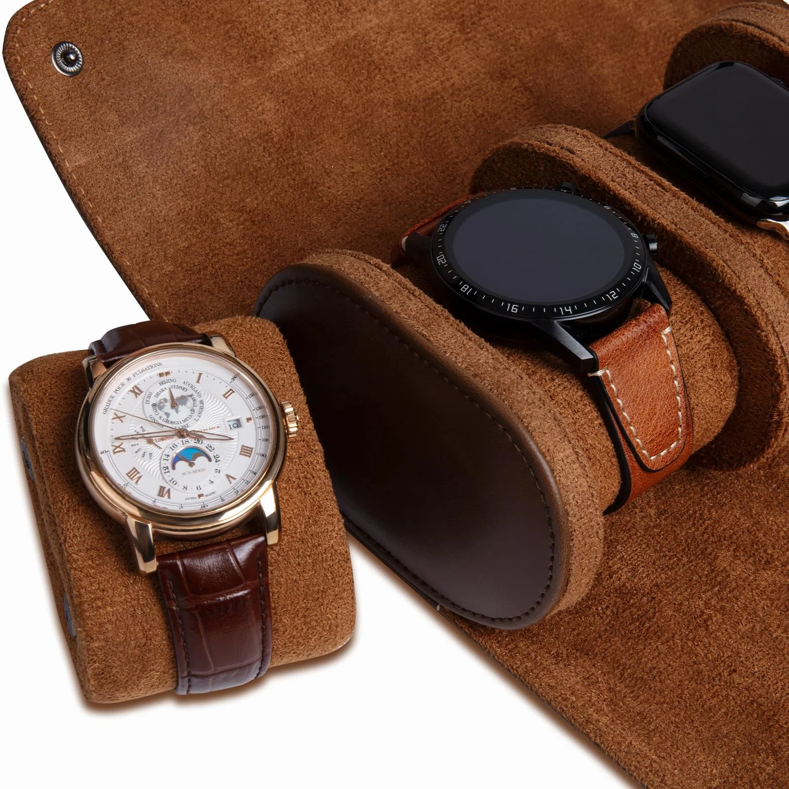 Caja de Reloj cilíndrica con 3 Ranuras, Estuche de viaje para reloj, Caja de Reloj Vintage para Hombres y Mujeres - Versión mejorada Marrón