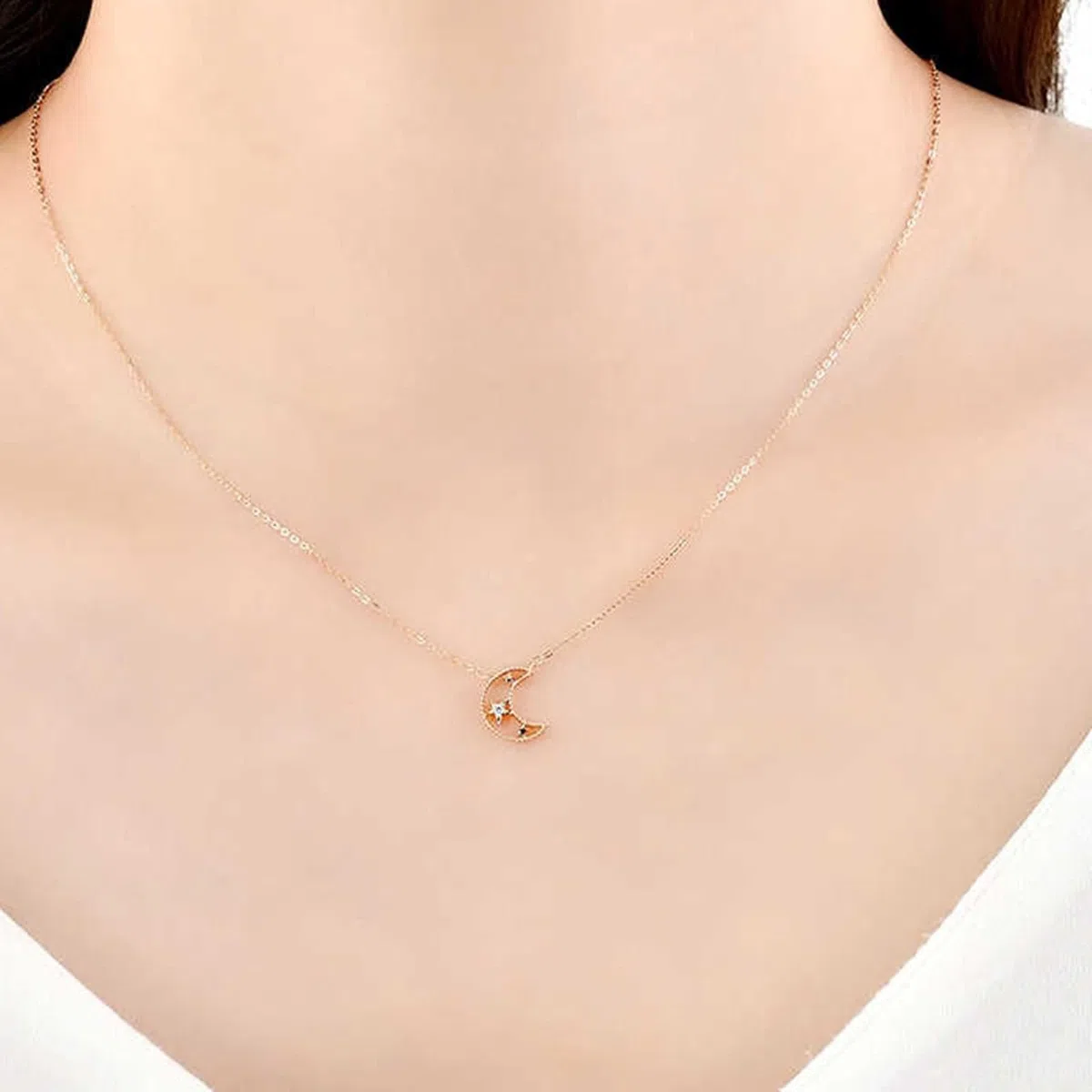Collar largo con colgante para mujer, luna y estrella de moda con diamante de forma redonda, oro rosa de 9 quilates, 14 y 18 quilates