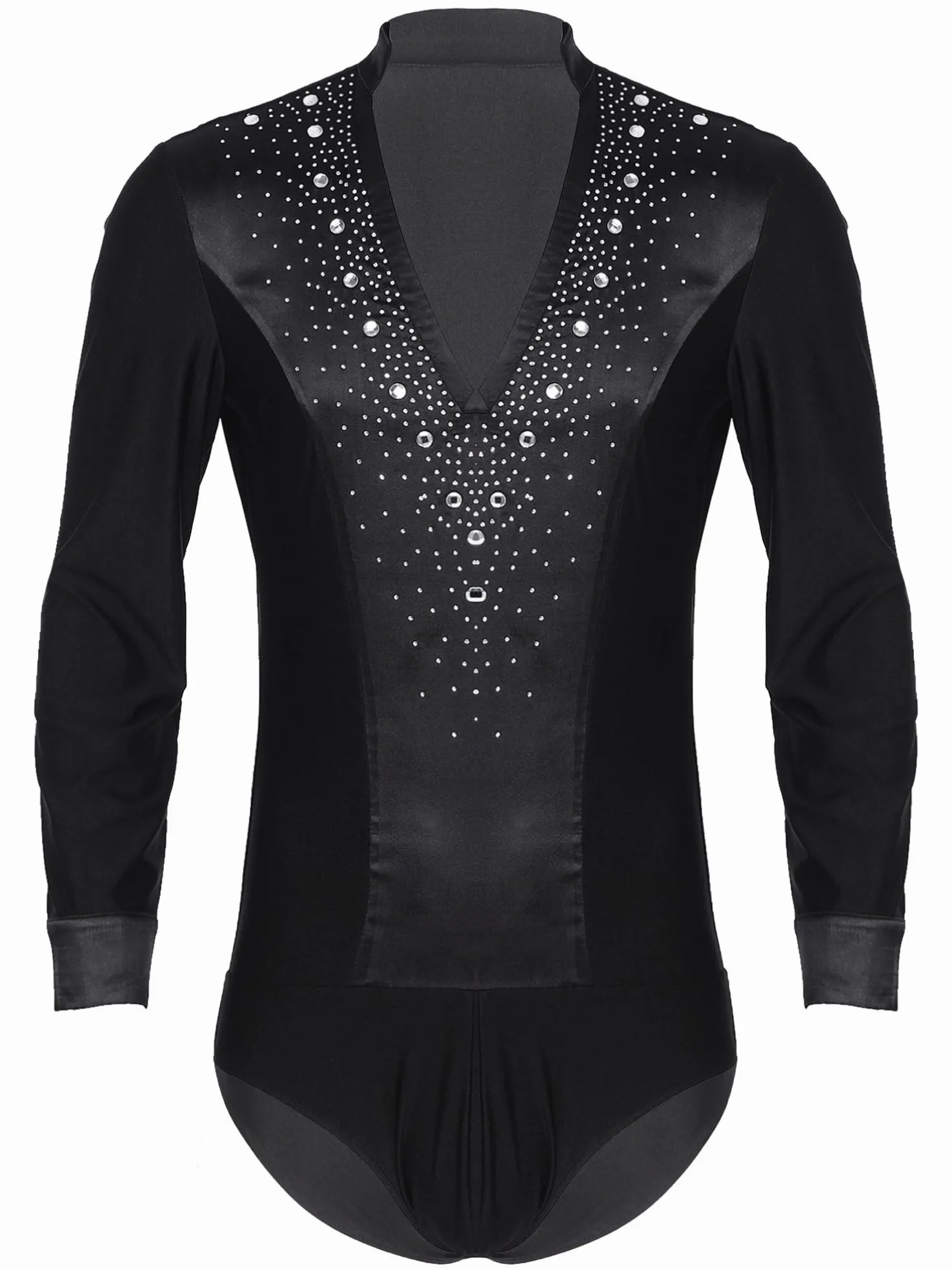 Aislor Leotardo Brillantes Hombre Cuello V Body Satén Manga Larga Danza Latina Patinaje Artístico Traje