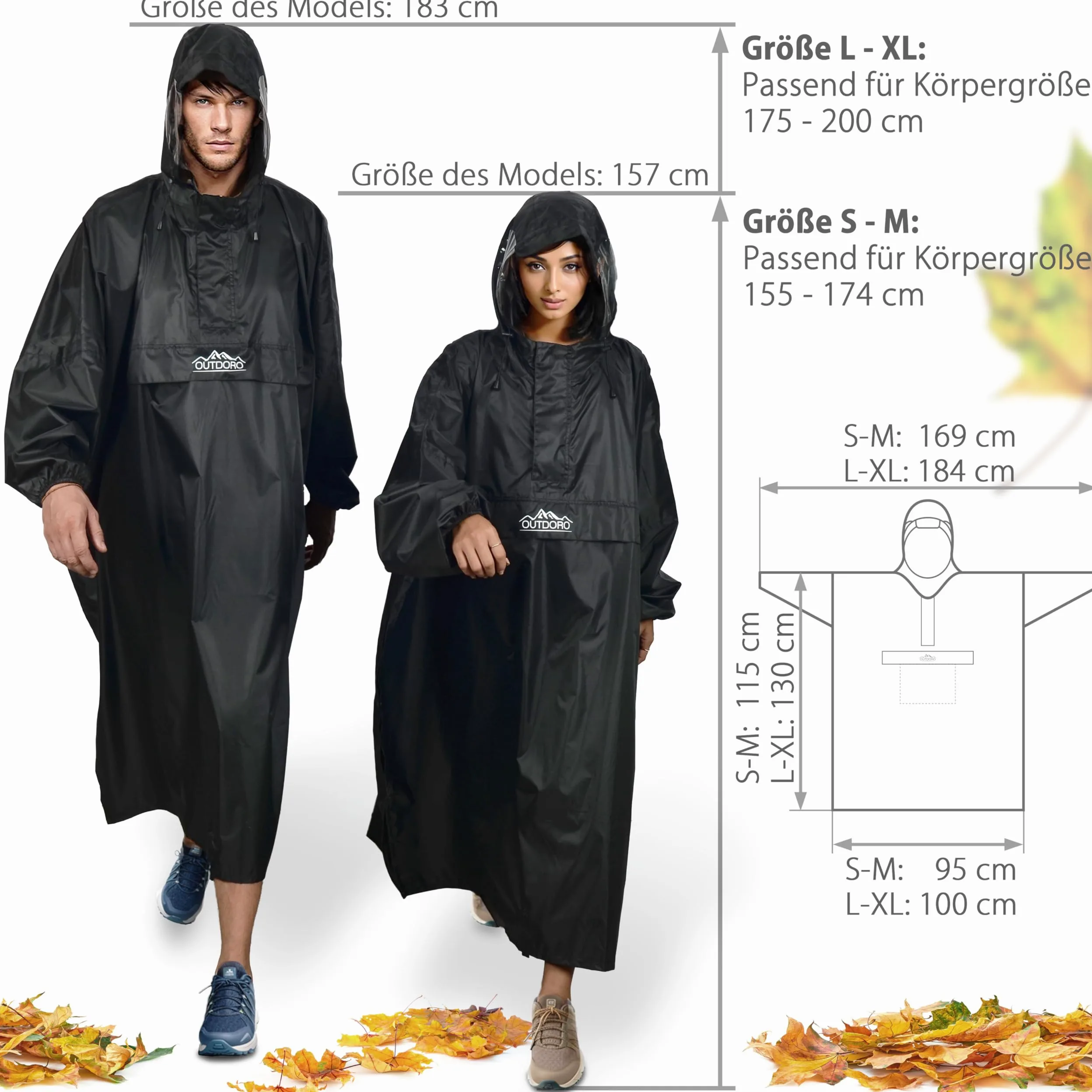 Outdoro - Poncho de lluvia de manga con ventana de navegación en el bolsillo en el pecho, cremallera y ventana - Poncho para hombre y mujer adulta, negro, G-XL