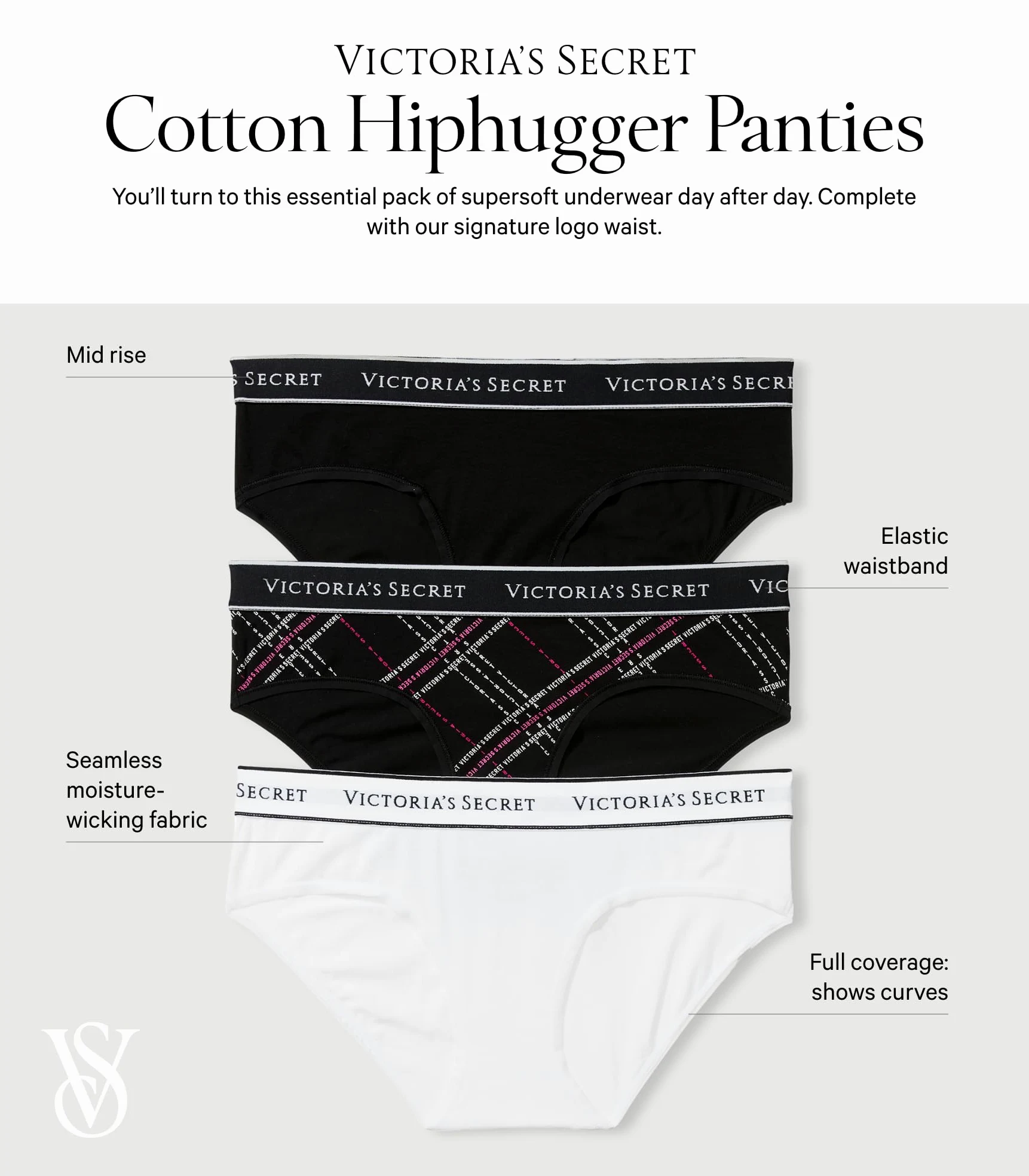 Victoria's Secret Ropa interior hipster de algodón con logotipo para mujer, bragas de cobertura moderada para mujer, paquete múltiple (XS-XXL)