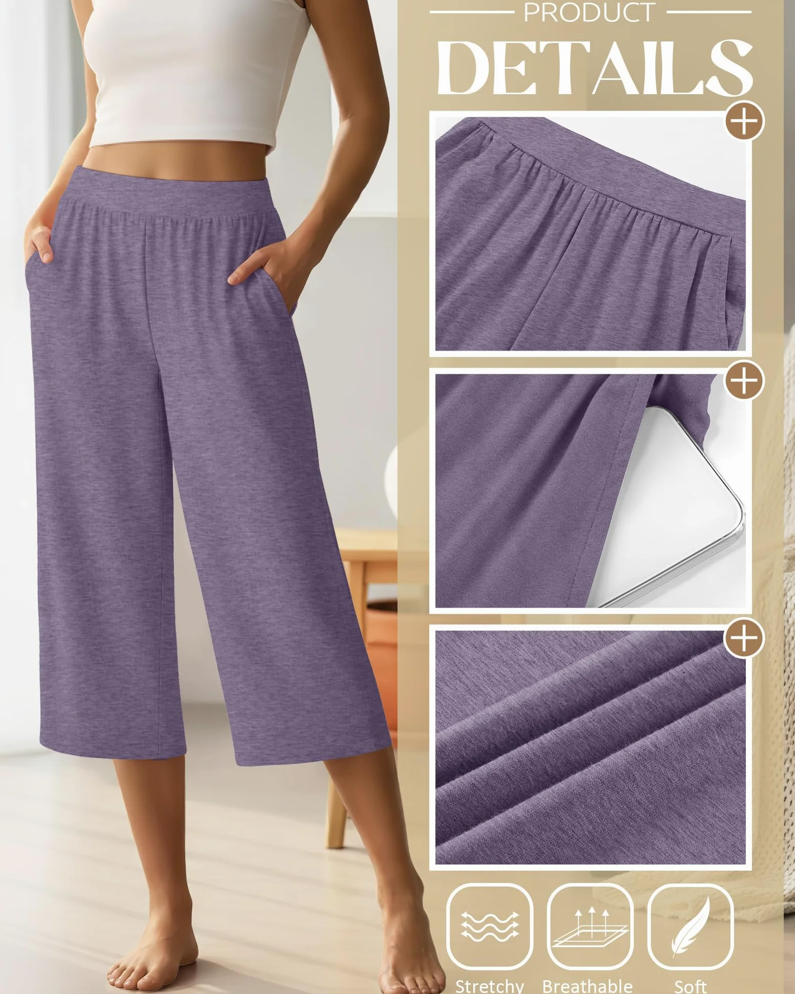 Neer Pantalones Capri para Mujer, de algodón, con Pierna Ancha, Pantalones de Deporte, Pantalones Cortos de Yoga con Bolsillos | Pantalones capri de yoga de pierna ancha, pantalones cortos de ajuste holgado, cintura elástica, pantalones capri de