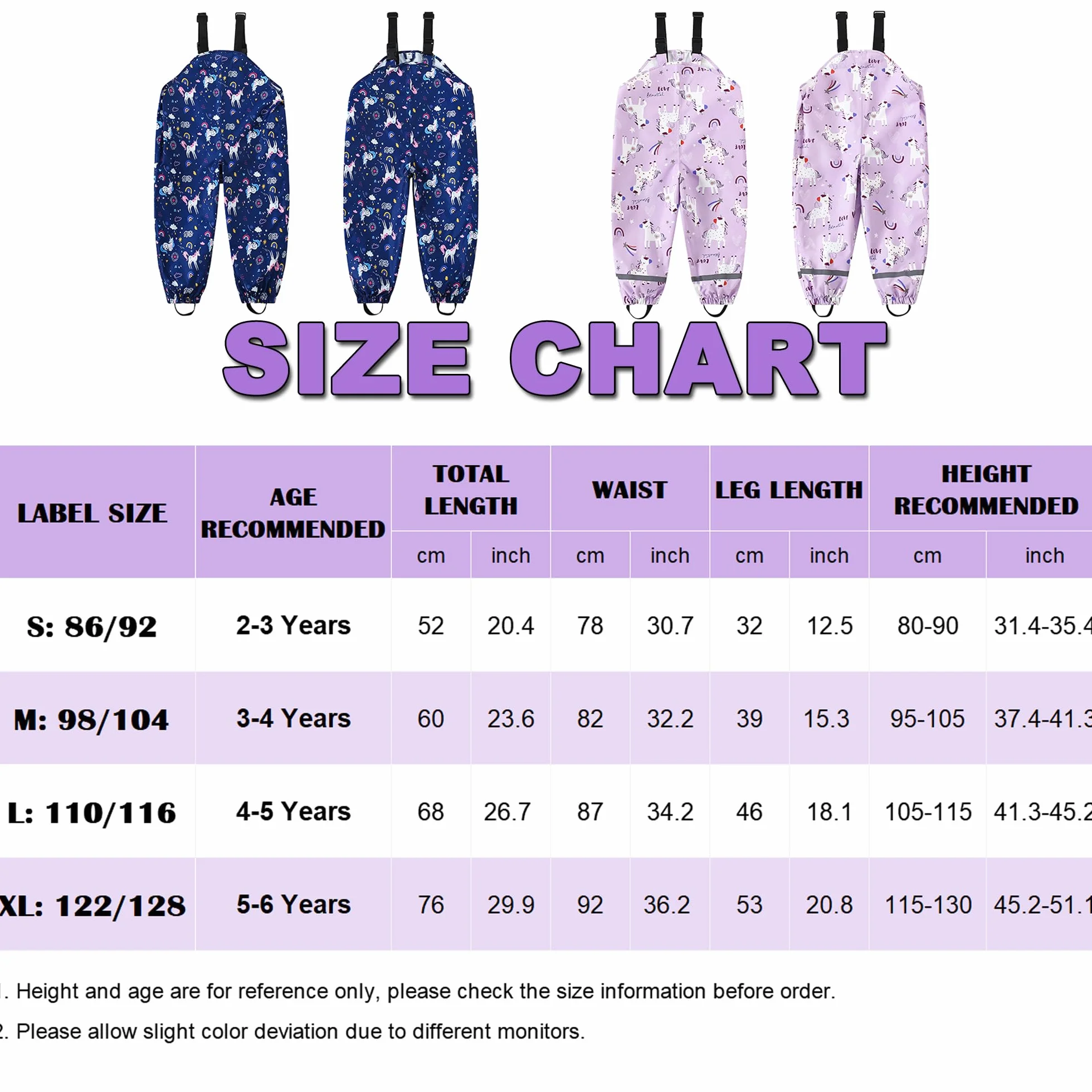 Fewlby Pantalon Impermeable Niñas, Pantalones Barro Peto de Lluvia Niños Mono Impermeable con Tiras Reflectantes Chubasquero Outdoor Traje Impermeable