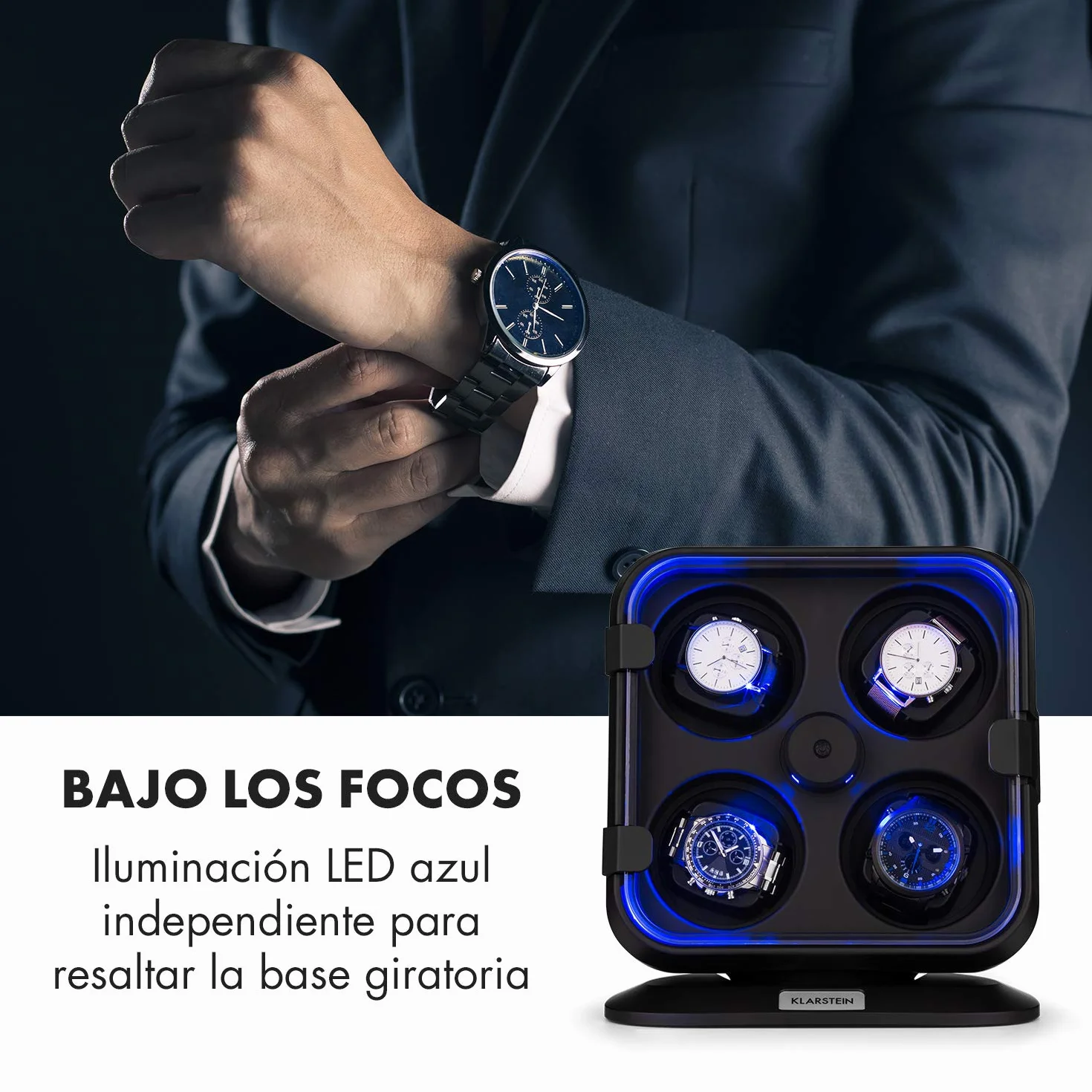 KLARSTEIN Caja Relojes Automáticos, Caja Giratoria Relojes 4 Compartimentos, Cajas para Relojes con Luz, Estuche para Reloj, 3 Velocidades de Rotación, Relojero con Cojines, Watch Winder, Negro