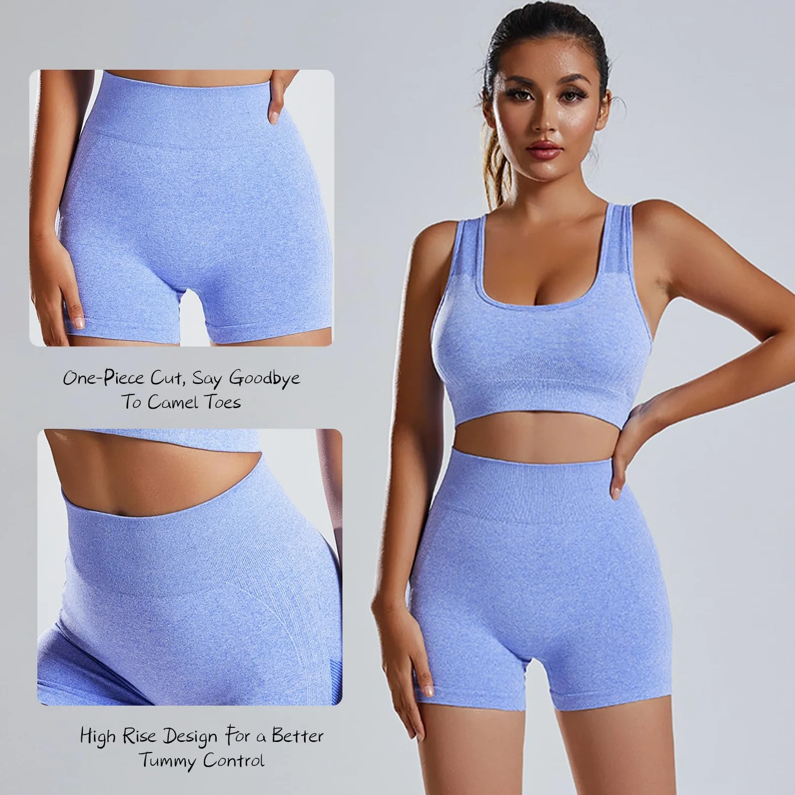 Conjunto Deportivo Sin Costuras Mujer Conjunto de Entrenamiento de 2 Piezas Elásticos Short de Cintura Alta Top Deportivo con Corte en la Espalda