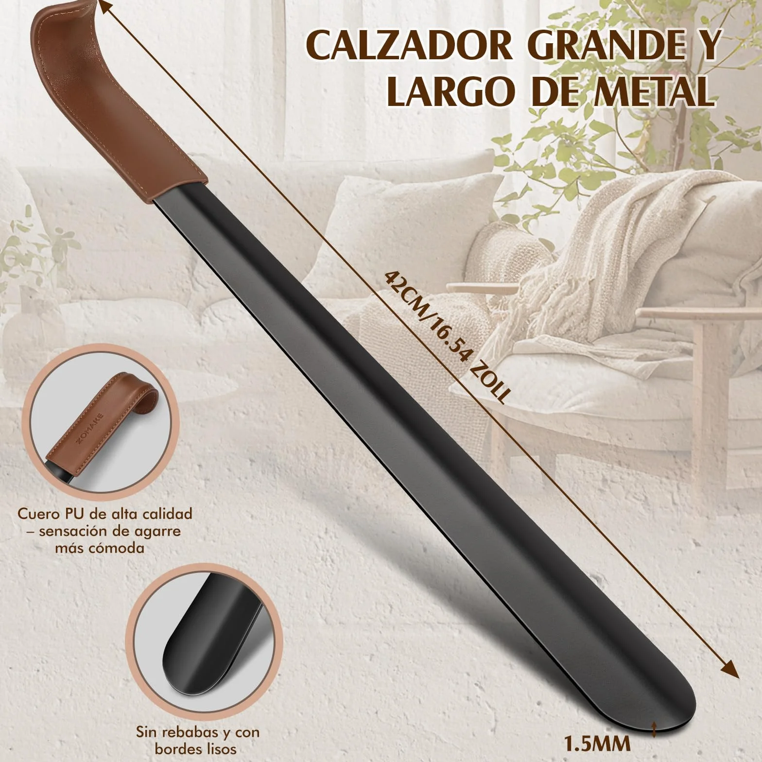 ZOMAKE Calzador de Acero Inoxidable Largo 42CM Mango de Cuero Negro 1 Pieza
