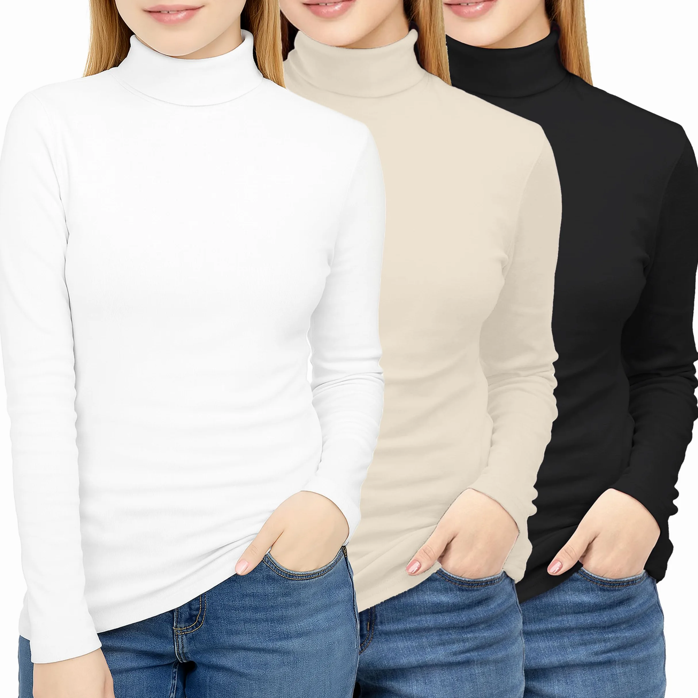 NY Threads Paquete de 3 camisetas de manga larga con cuello alto para mujer, ajustadas, térmicas, cuello alto, para mujer