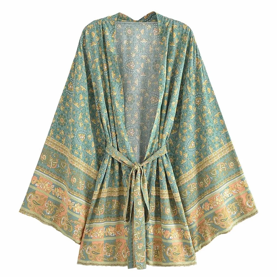 Dninmim Bata estilo kimono de algodón con estampado floral vintage para mujer, de manga larga, para verano, para la playa, estilo bohemio, Como se muestra en la imagen, M