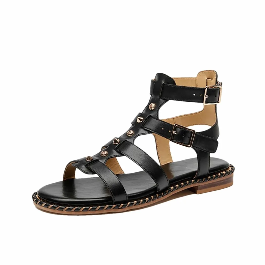 Sandalias de gladiador con correa de hebilla y correa al tobillo para mujer, tacón plano, estilo gladiador, piel de becerro, doble hebilla, de metal, informales, de verano