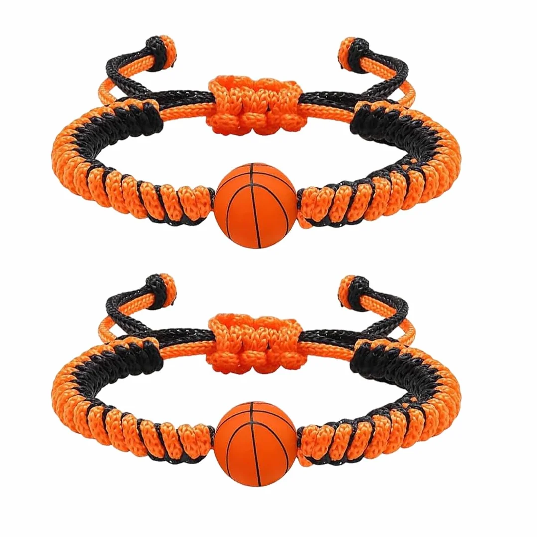 Pulsera de la amistad de 2 piezas, cuerda negra y naranja, colgante de baloncesto de silicona 3D, pulsera de baloncesto para niños, un gran regalo para los amantes del baloncesto.