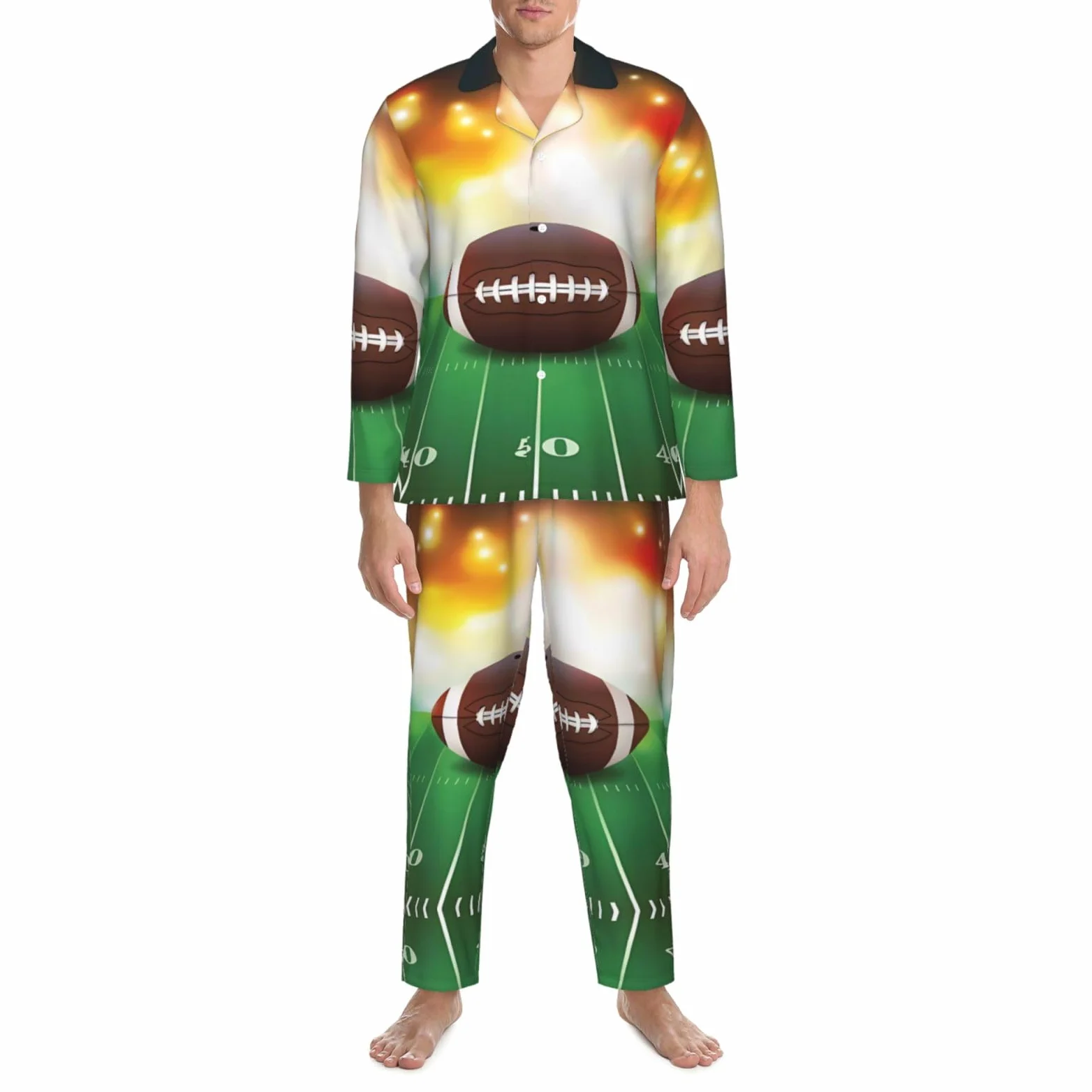 Conjunto de pijama deportivo con estampado de pelota de fútbol americano sobre hierba, de manga larga, con cuello y cintura elástica y bolsillos