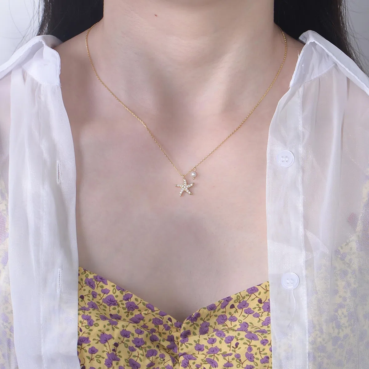 Collar con colgante de moissanita para mujer, oro amarillo de 9 quilates, 14 quilates, 18 quilates, 12,3 mm, con colgante de estrella de mar y perla, cadena Rolo: 40 + 5 cm