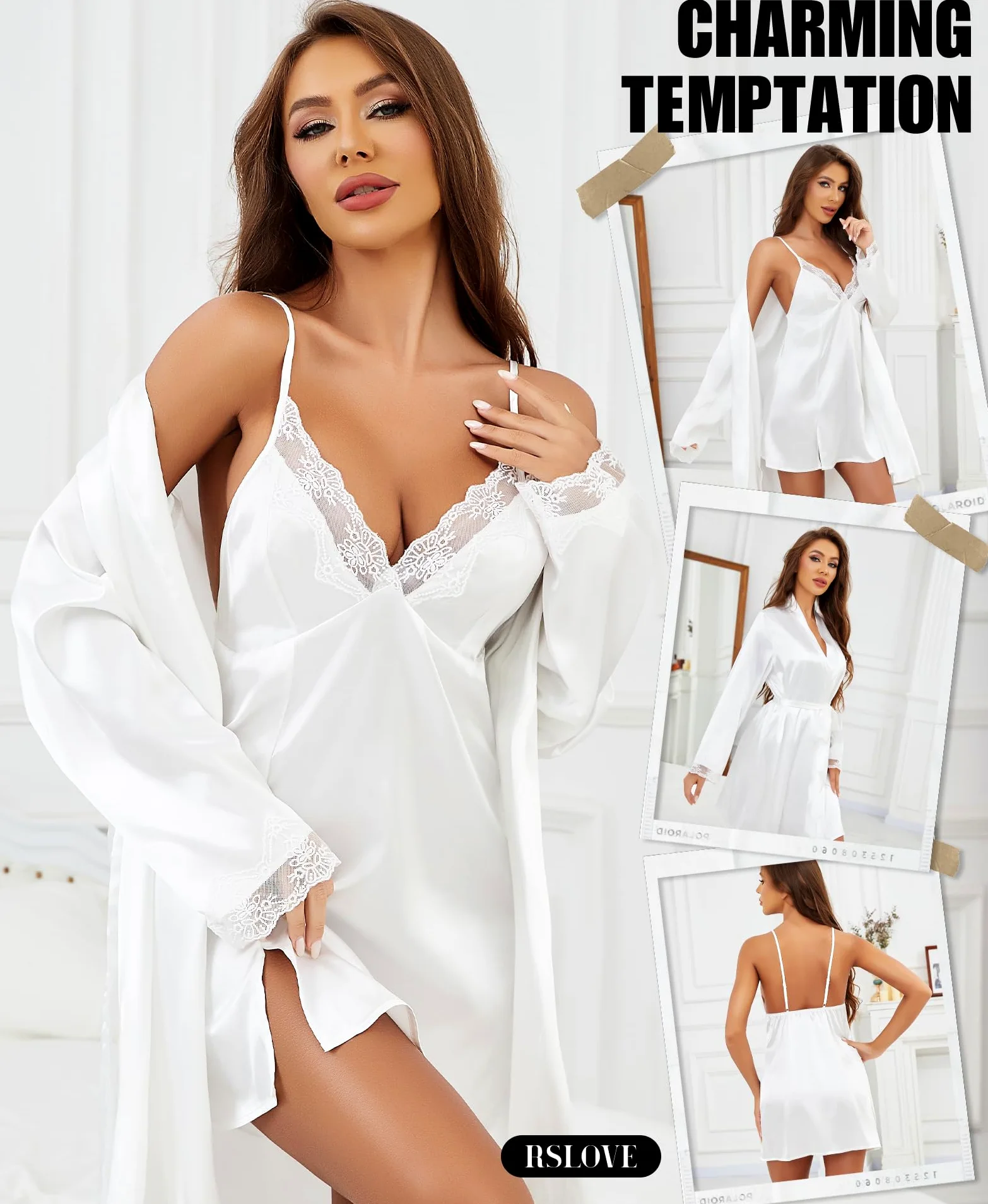Conjunto de Camisola y Bata de satén: camisón de lencería de Encaje con Bata a Juego, Ropa de Dormir Sexy para Dama de Honor o Luna de Miel