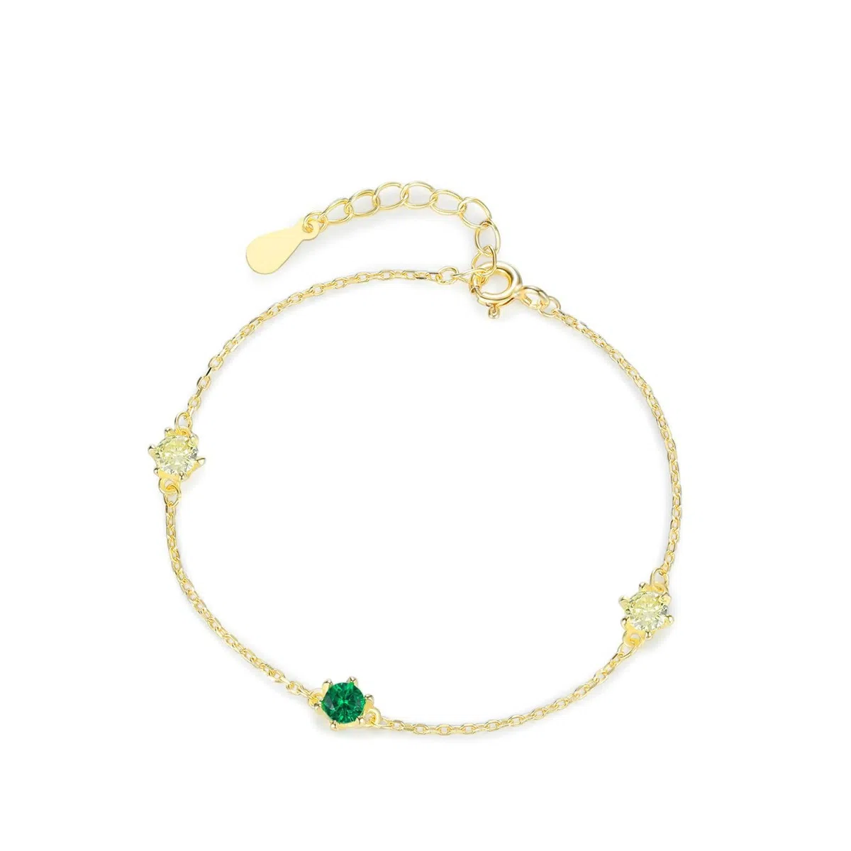 Pulsera para Mujer de Oro Amarillo 9 Kilates / 14 Kilates / 18 Kilates, Redondo con Esmeralda Creada y Cuarzo Amarillo, Cadena Extensible 16 CM + 5 CM, Pulsera de Mujer Ajustable de Oro Verde