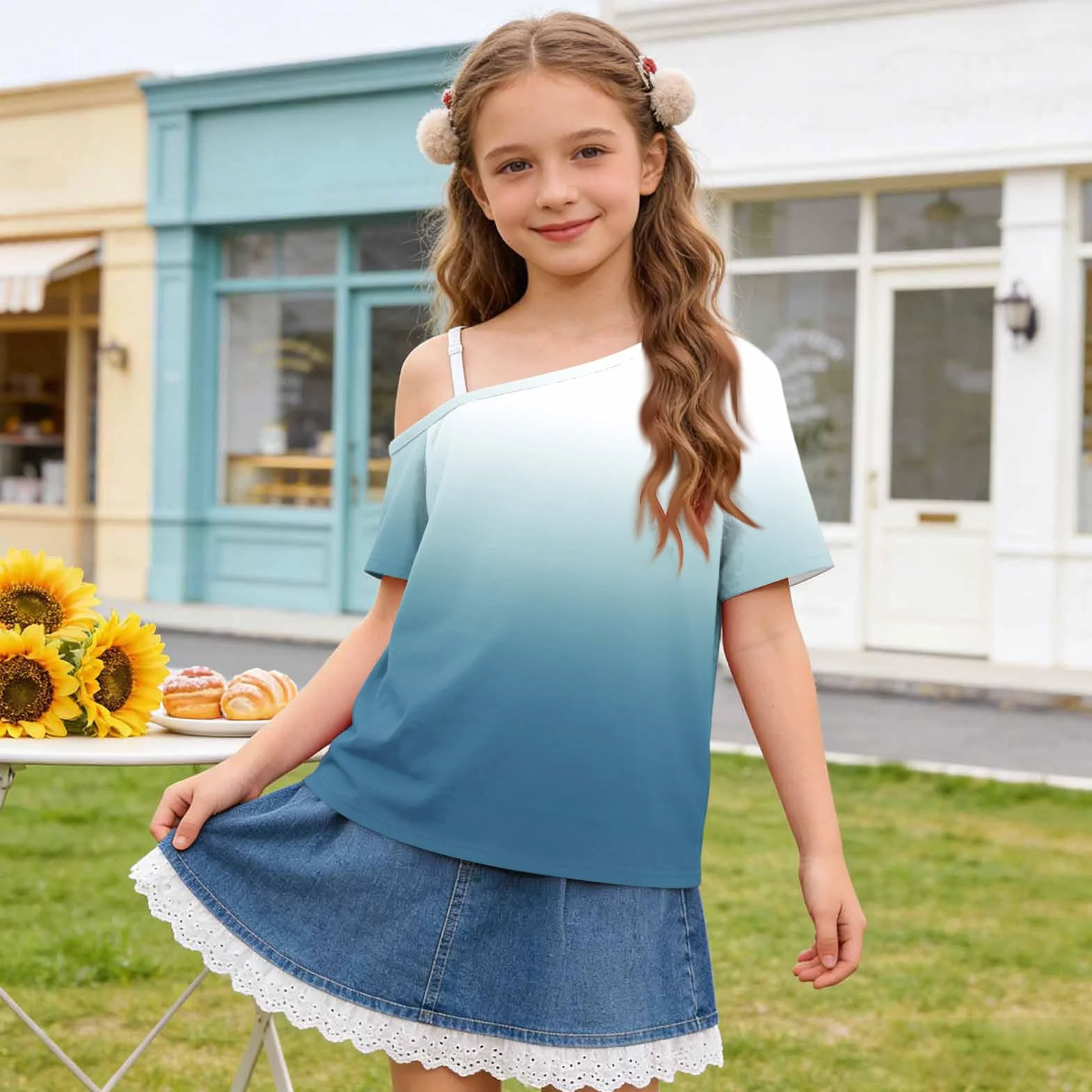 Camisetas de manga corta con hombros descubiertos para niñas, adolescentes, elegantes, transpirables, para la escuela, básicas, de un hombro, holgadas, informales, invitadas de boda, 5-14 años, Reino
