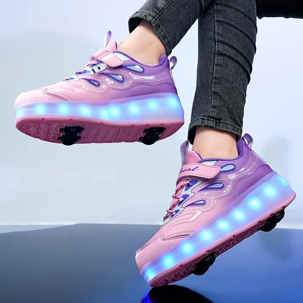 Hixingo Zapatillas con Ruedas Niña Niño, Zapatos con 4 Ruedas para Niñas con LED 2 en 1 Zapatillas Patines Zapatillas Ruedas Niño, Degradado de Color Calzado de Skateboarding Multifuncionales
