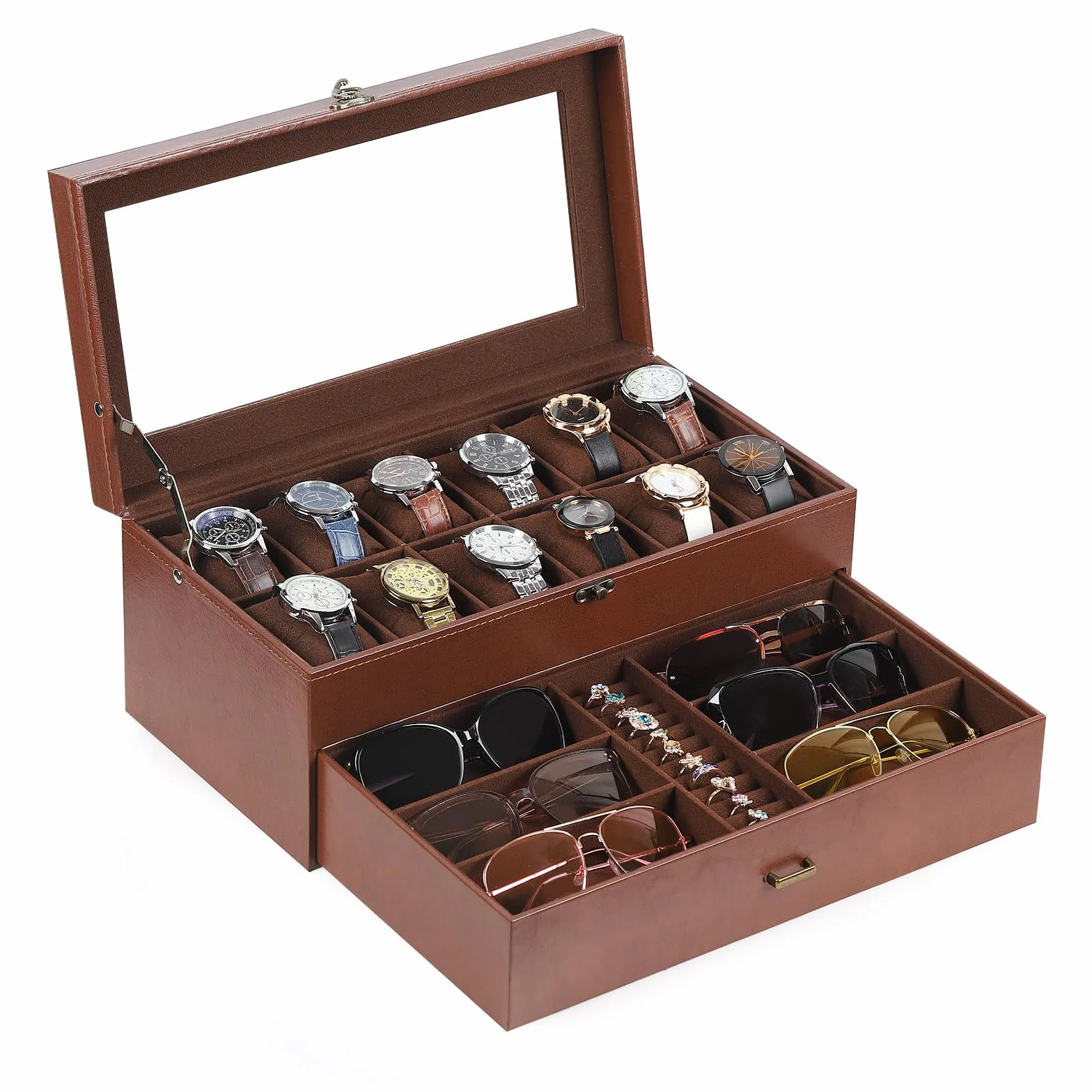 AUTOARK Caja de cuero y terciopelo para 12 relojes y organizador de lentes de sol de 6 piezas, 2 capas con 1 cajón, con cerradura, parte superior de cristal grande, MKAW041