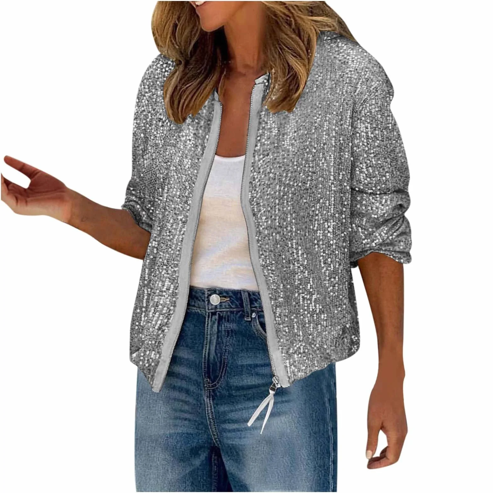 Chaqueta bomber de lentejuelas para mujer, ligera, con cremallera, holgada, sin capucha