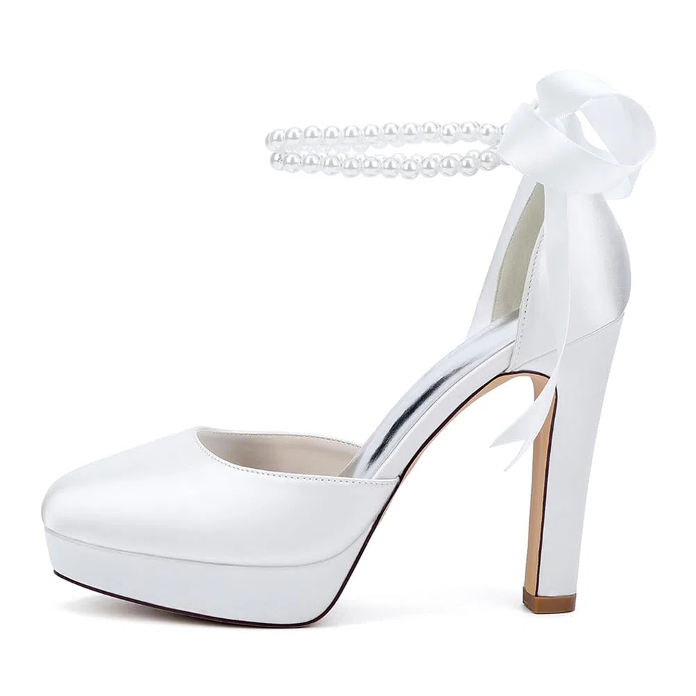 Mujer Zapatos De Plataforma De Boda para Novia Punta Cerrada Perlas Y Correa En El Tobillo Zapatos De Salón para Vestido De Fiesta