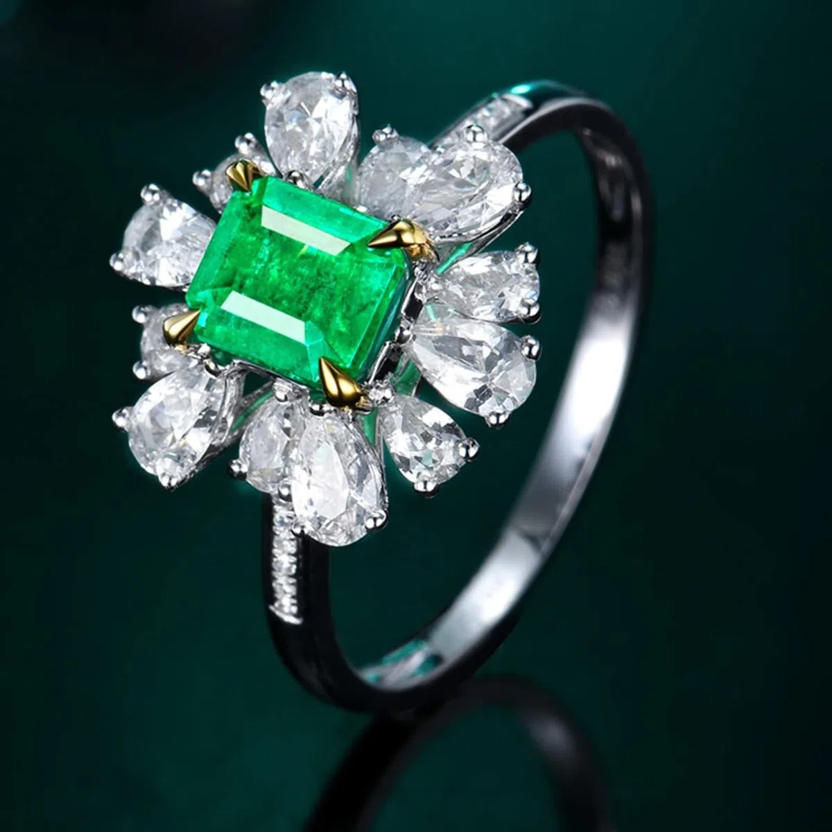 Anillos Mujer Plata Compromiso, Anillo Mujer Noviazgo Cuadrado de 4 Garras con Incrustaciones de Forma de Flor Esmeralda
