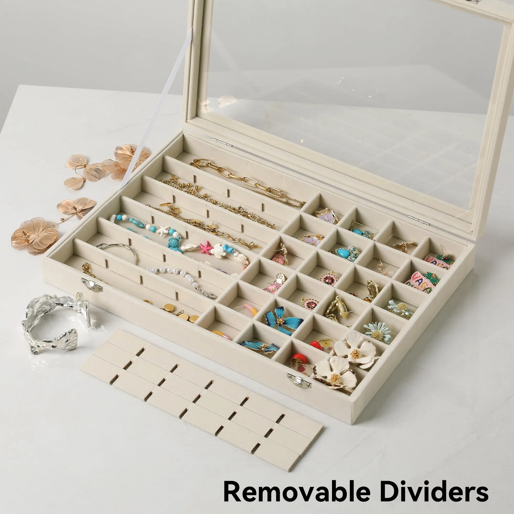 Frebeauty Bandeja para joyas con 48 compartimentos, soporte ajustable para pendientes con tapa de cristal, cajón de terciopelo, organizador de joyas para anillos (Beige)