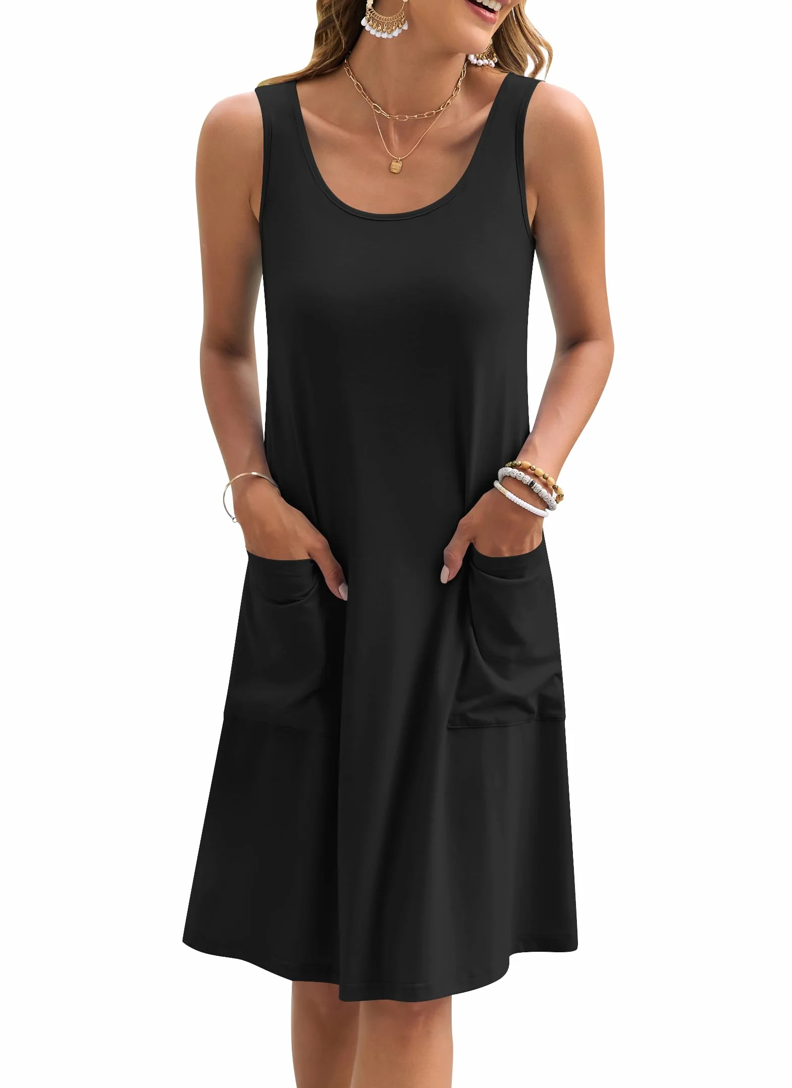 AUSELILY Vestido sin Mangas de Verano para Mujer Ligero Informal de Playa Largo hasta la Rodilla con Bolsillos