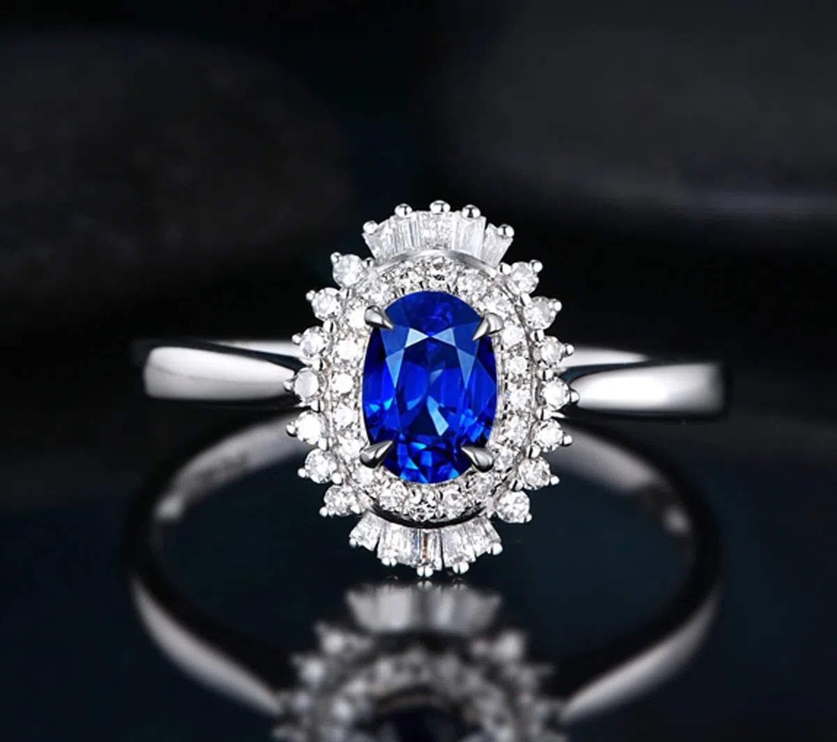 Anillos Oro Blanco, Anillos Mujer Vintage Stein Doble Mutilin de Lujo 18K Zafiro para Esposa Novia Ajuste Cómodo