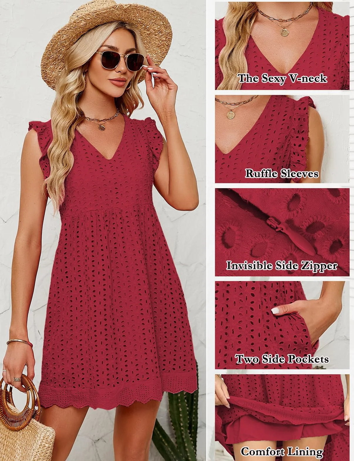 heekpek Vestidos Verano Mujer Sin Mangas Cuello V Algodón Flores Jacquard Casual Playa Bolsillos