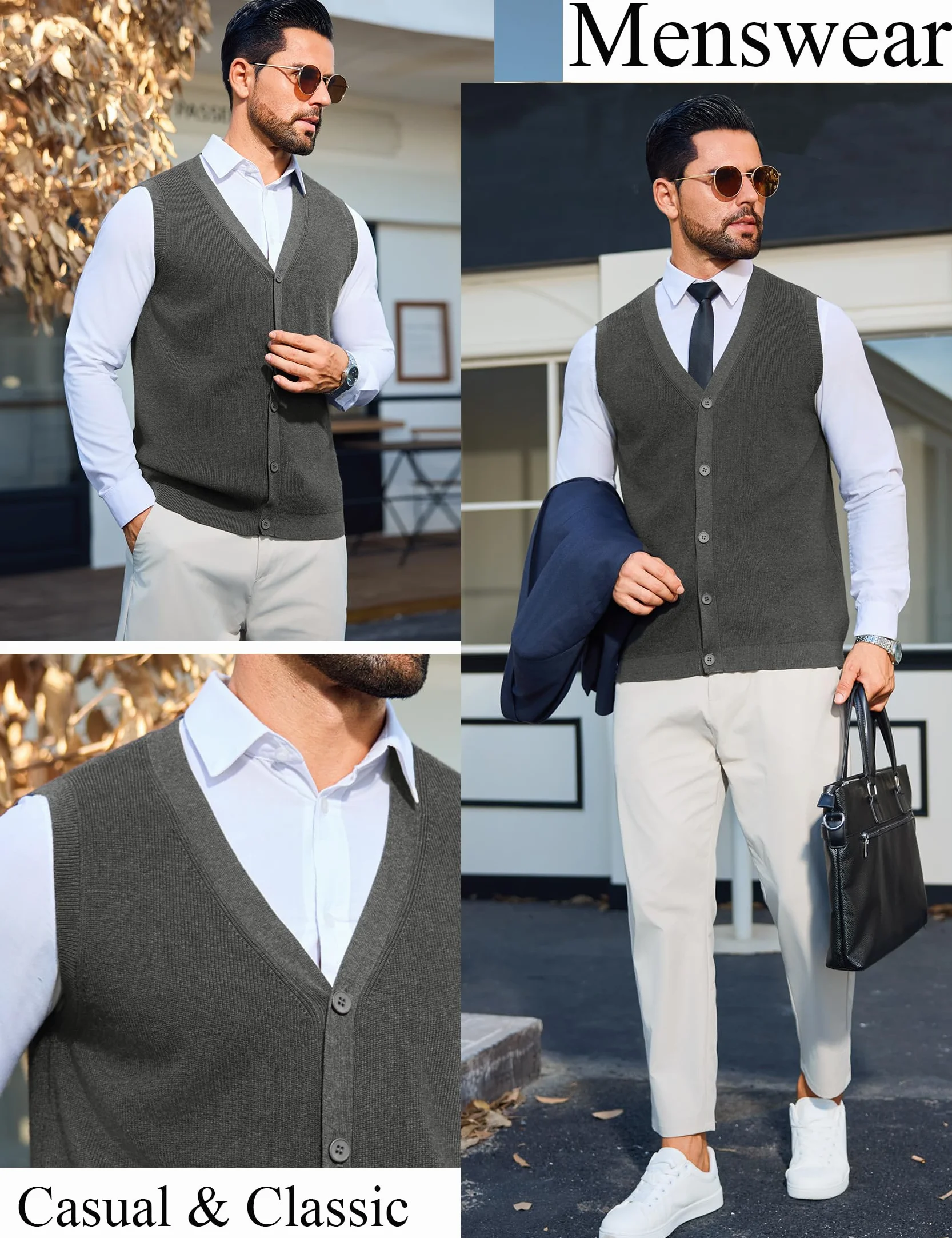 Sykooria Chaleco de Punto con Cuello en V Sin Mangas para Hombre Suéter Tejido Ligero y Elegante con Botones S-XXL