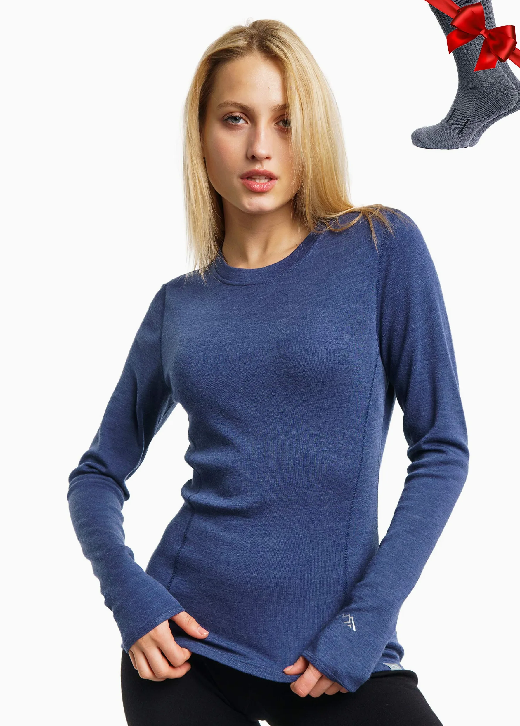 Merino.tech Camiseta Lana Merino Mujer - 100% Merino Camiseta Interior Termica Mujer Medio con Calcetines (Medium, Windsor Blue 250)