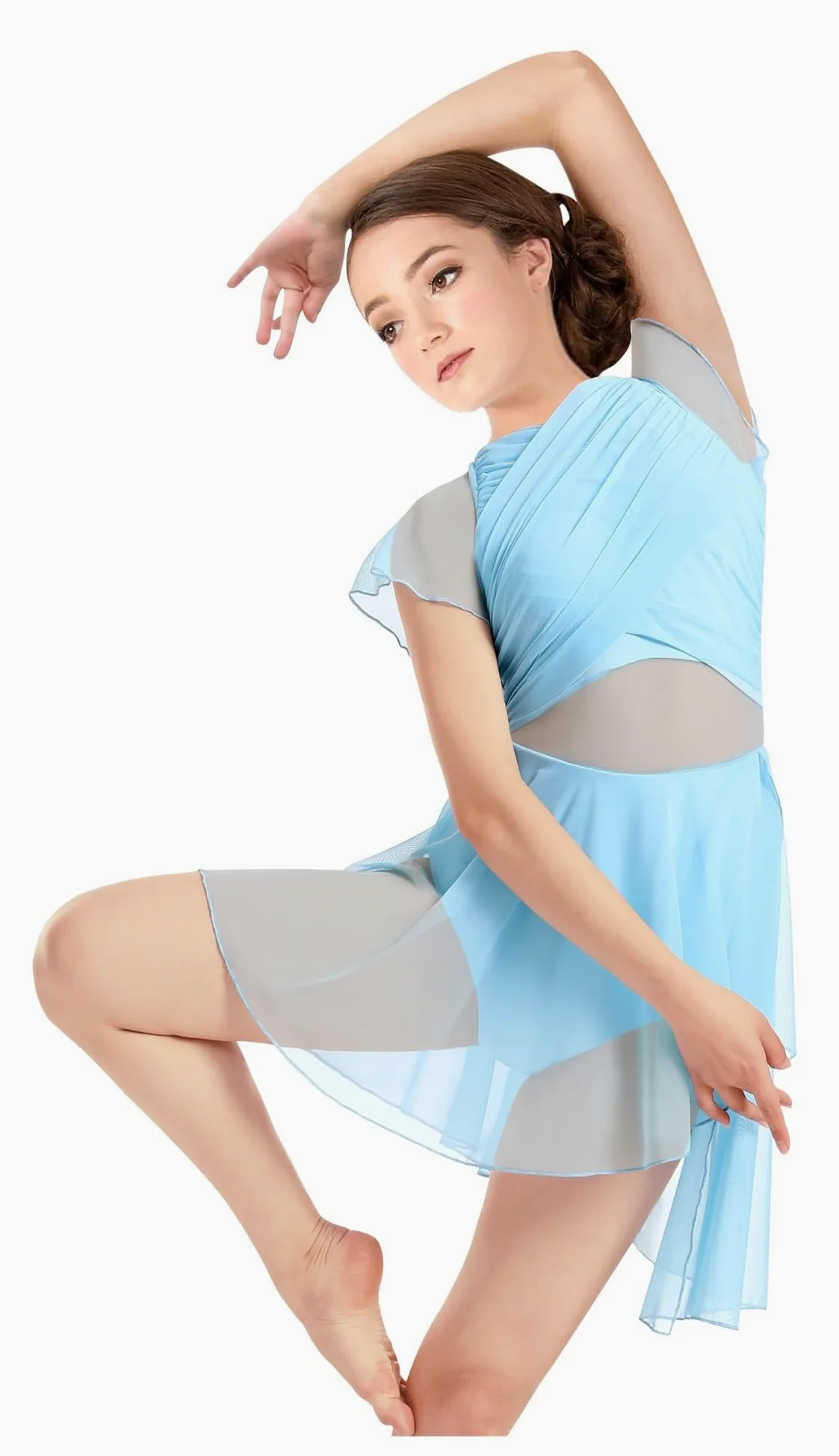 Vestido de Patinaje Artístico Vestido de baile for mujer, malla con mangas onduladas y falda, traje lírico, espalda hueca con efecto gota de agua