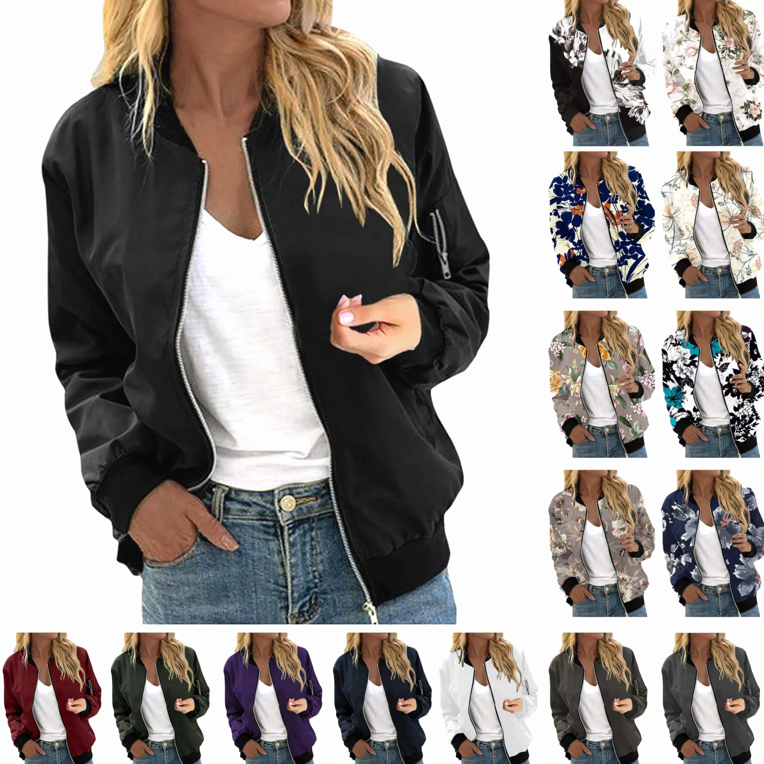 Chaqueta bomber para mujer, chaqueta de primavera con estampado de flores, chaqueta ligera de verano, cremallera corta, chaqueta piloto, chaqueta blusón, manga larga delgada, chaqueta de entretiempo
