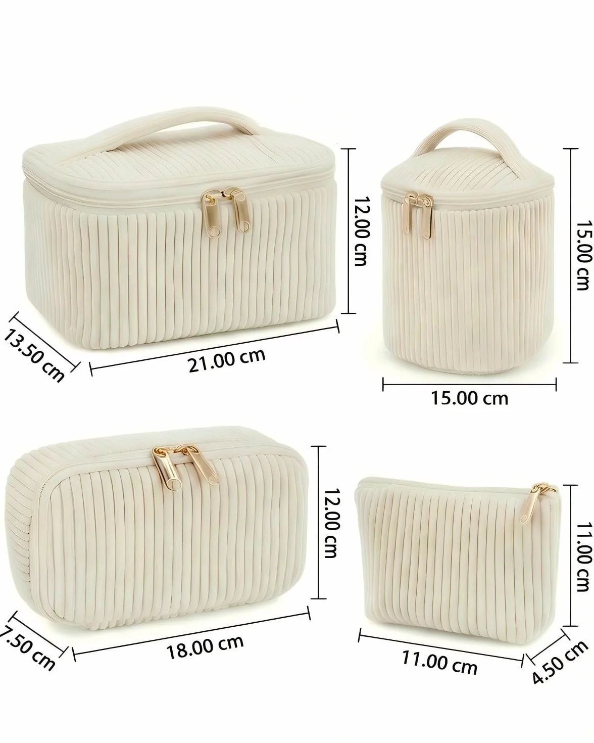 Set de 4 Neceseres Maquillaje Mujer de Nailon con Asa, Estuche Cosméticos Grande Mediano Pequeño Mini, Organizador de Viaje y Uso Diario, Beige